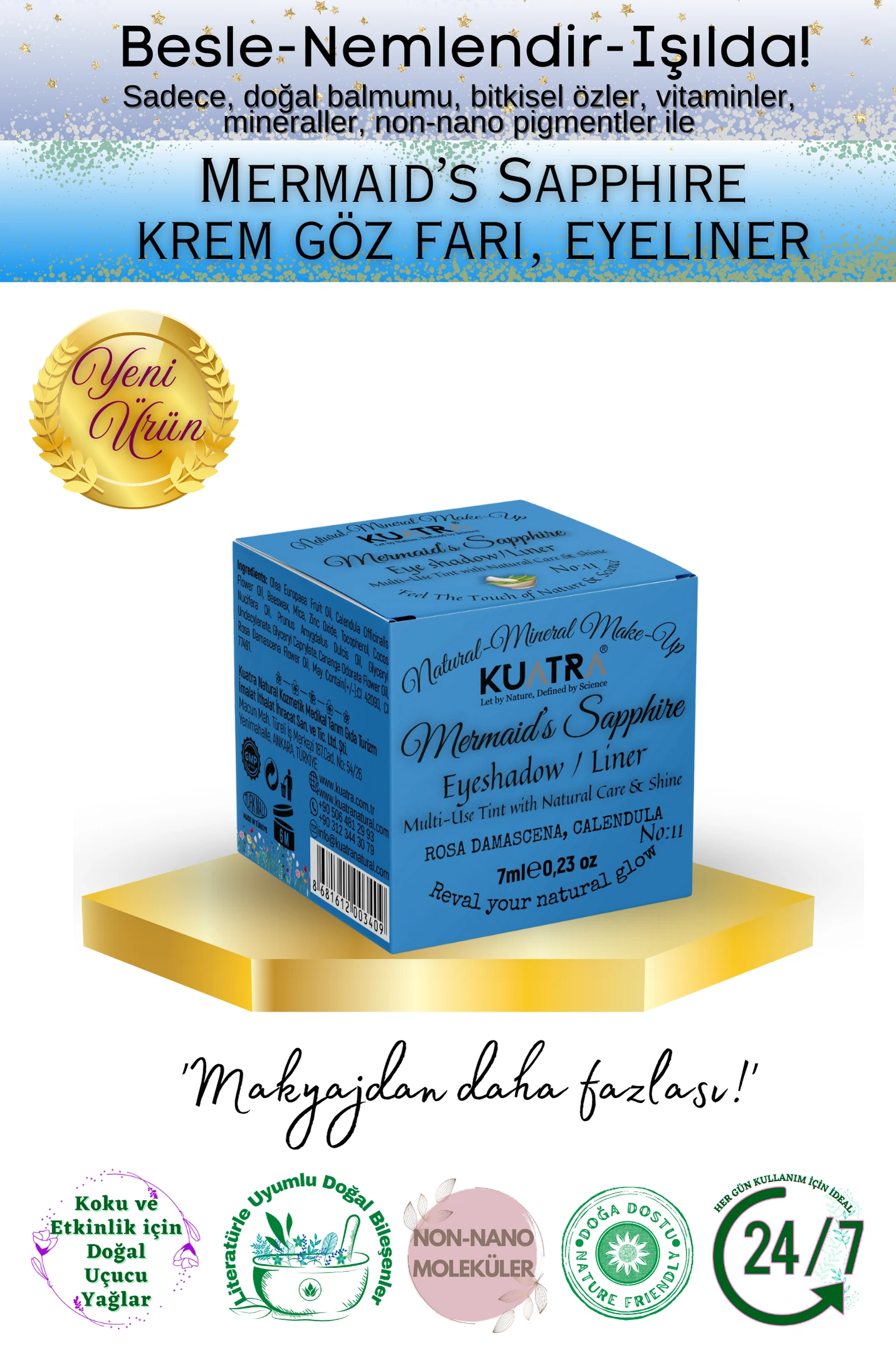 Mermaid’s Sapphire Krem Far, Eyeliner Doğal İçerikli, (Makyaj Beraberinde Çok Değerli Besleyici Cilt Bakımı)