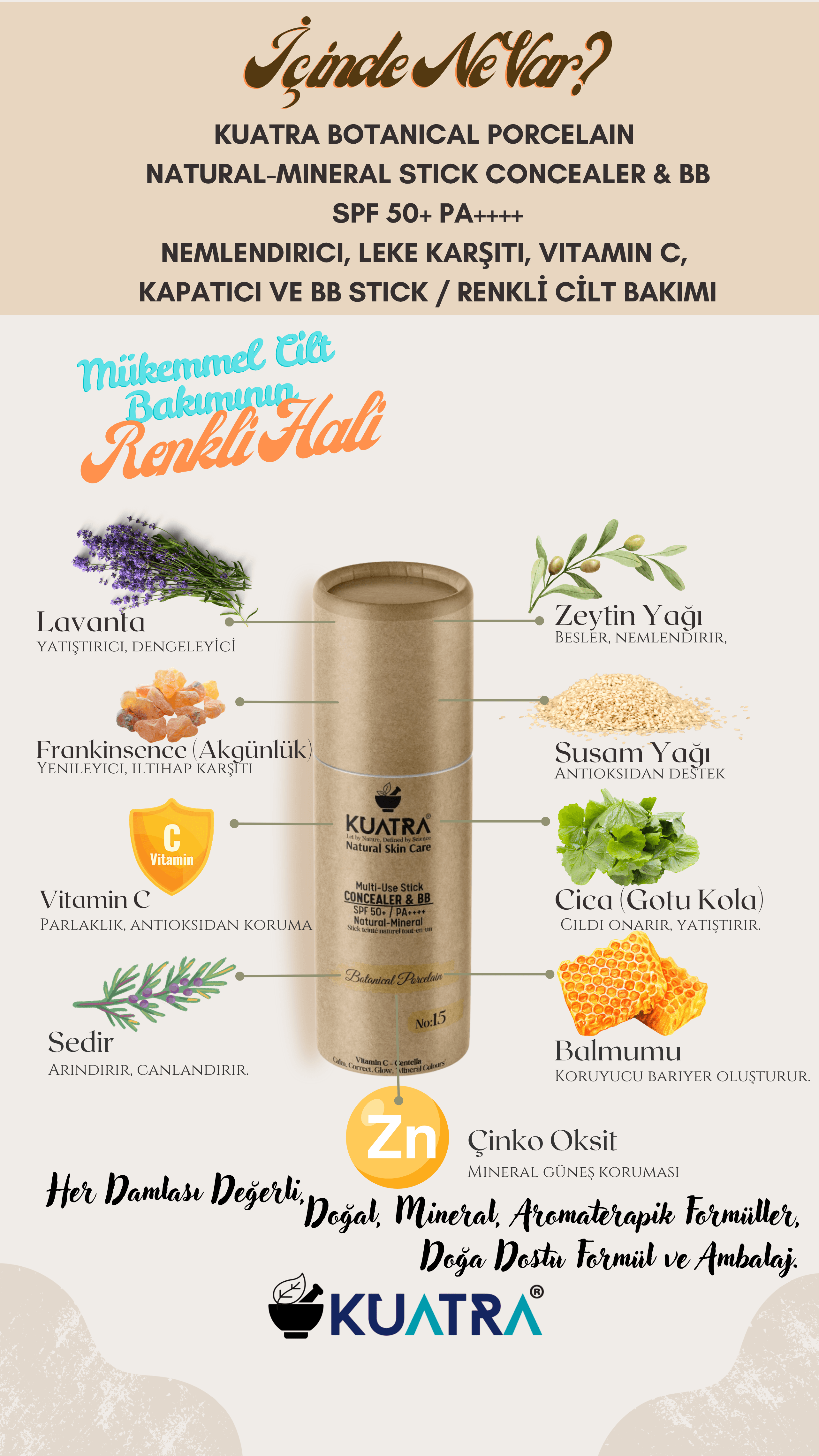 Kuatra Botanical Porcelain Natural-Mineral Stick Concealer & BB | SPF 50+ PA++++ | Çok Amaçlı Nemlendirici, Leke Karşıtı, Vitamin C, Renkli Bakım