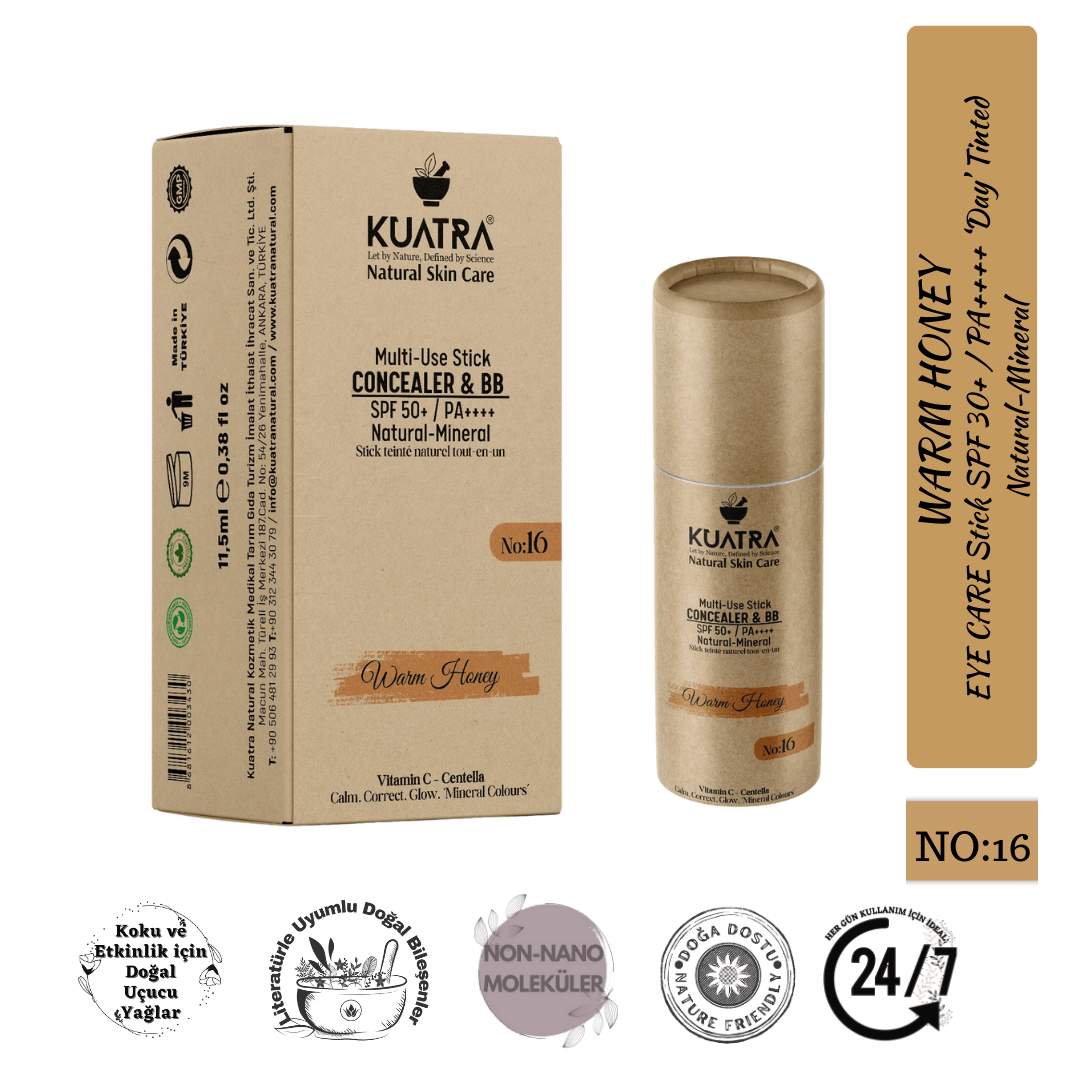 Kuatra Warm Honey Natural-Mineral Stick Concealer & BB | SPF 50+ PA++++ | Çok Amaçlı Nemlendirici, Leke Karşıtı, Vitamin C, Renkli Bakım