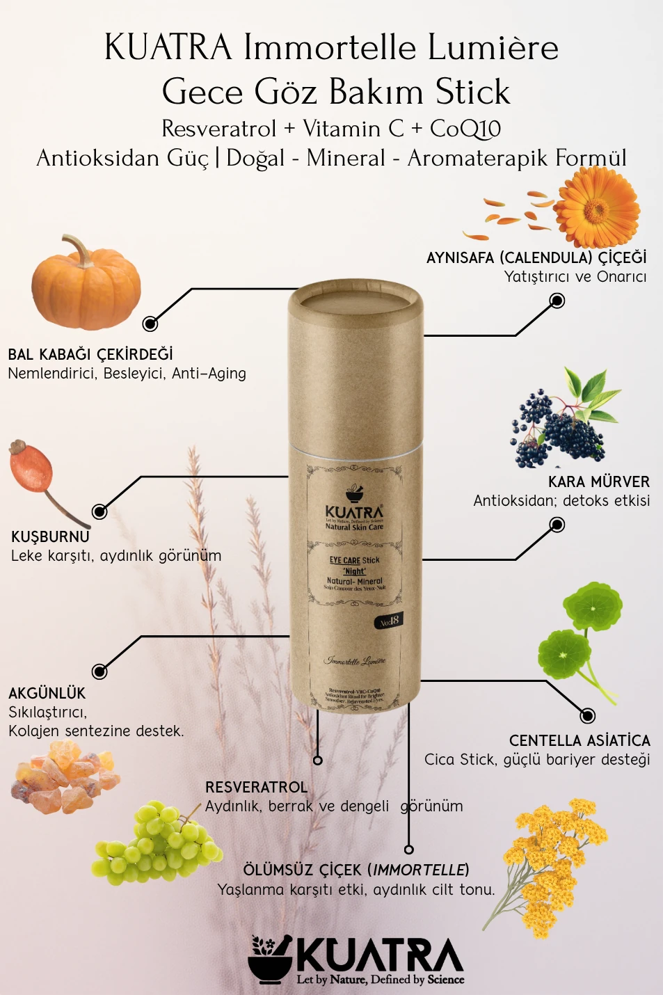 KUATRA Immortelle Lumière Göz Çevresi Stick – Gece Bakımı | Canlanmış Göz Çevresi Antioksidan Etki (Resveratrol + VitC + CoQ10)