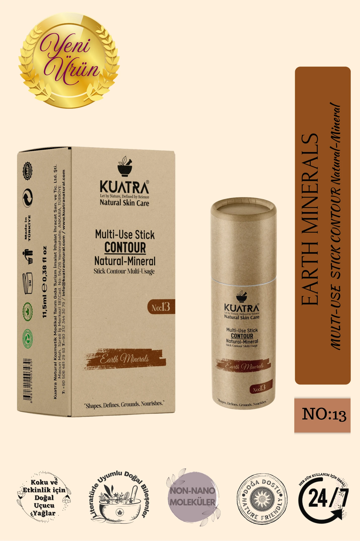 Kuatra Stick Kontür, Earth Minerals doğal, mineral, antioksidan, nemlendirici formül, plastiksiz ambalaj