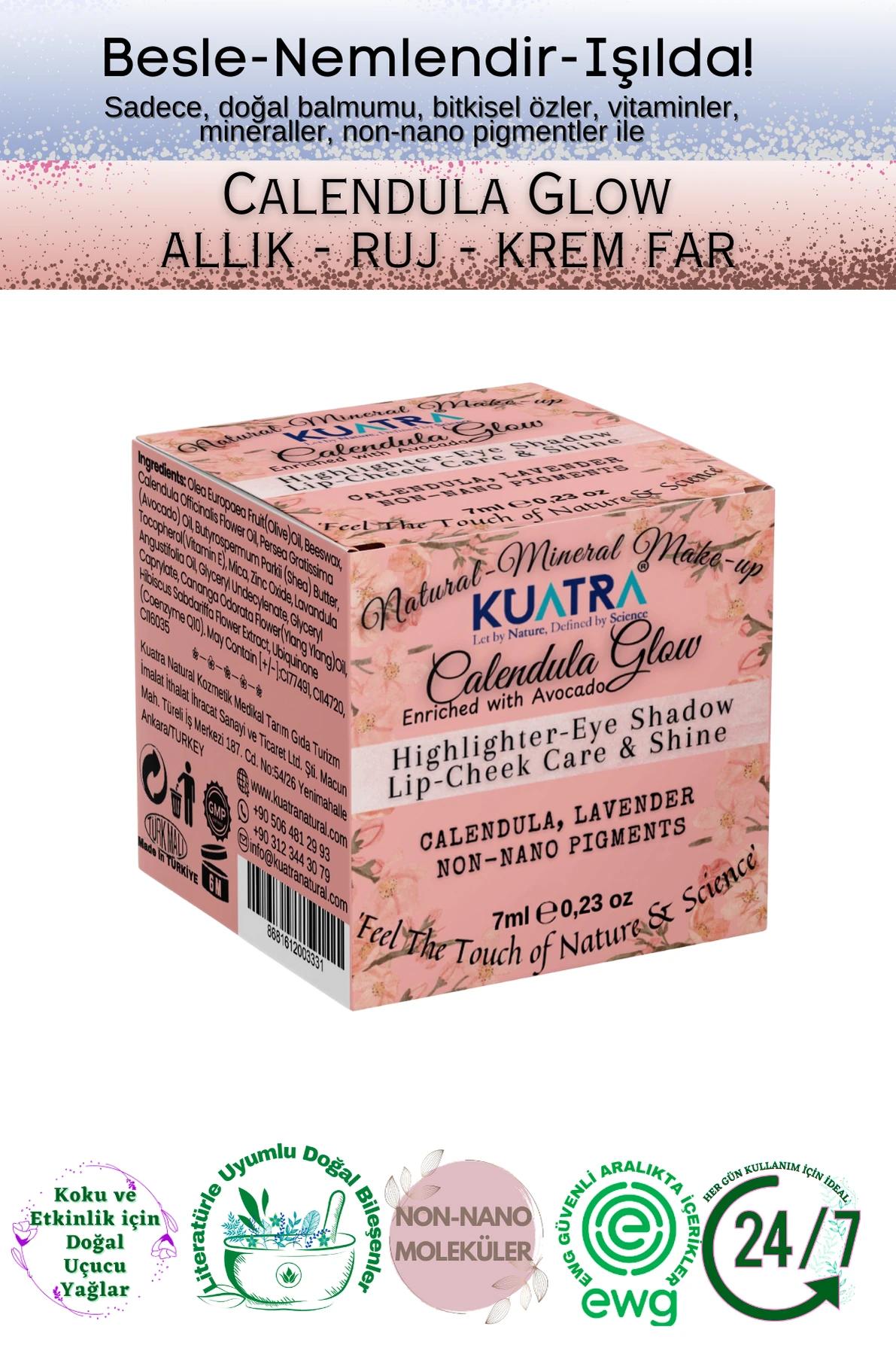 Kuatra Calendula Glow Natural Ingredient Moisturizer - Antioxidant Shine Balm (Highlighter-Eyeshadow-Blush-Lipstick) 7ml