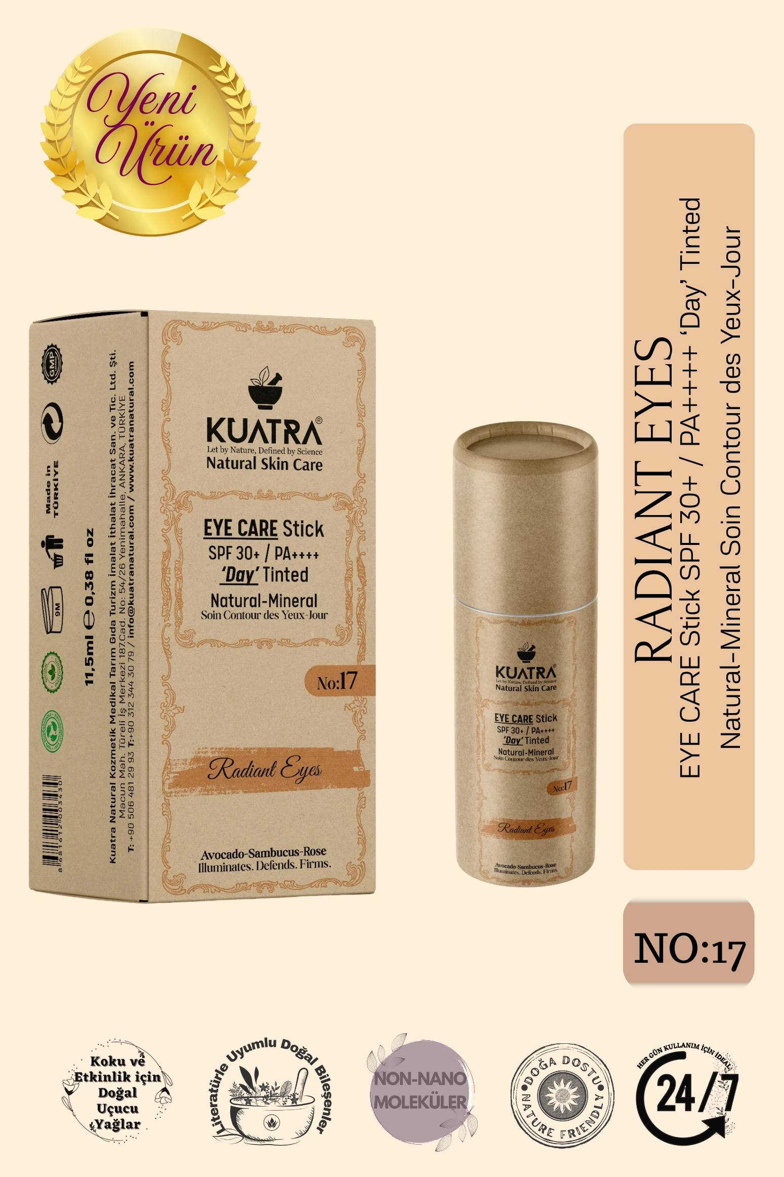 KUATRA Radiant Eyes Göz Çevresi Doğal Mineral Antiaging, Antioksidan Gündüz Bakım Stick SPF 30+ / PA++++ Renkli