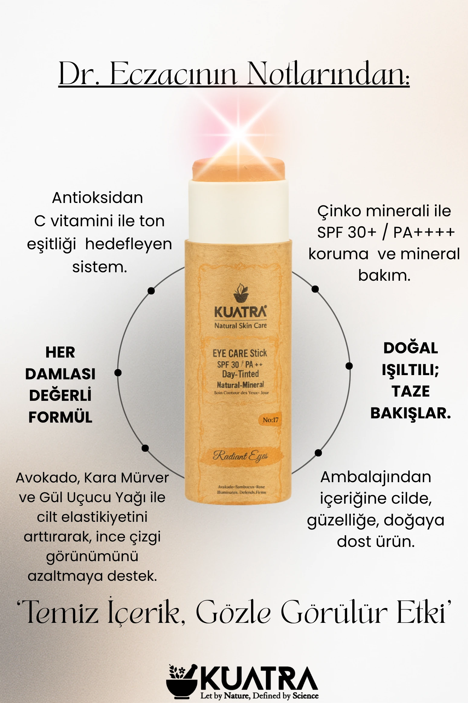 KUATRA Radiant Eyes Göz Çevresi Doğal Mineral Antiaging, Antioksidan Gündüz Bakım Stick SPF 30+ / PA++++ Renkli