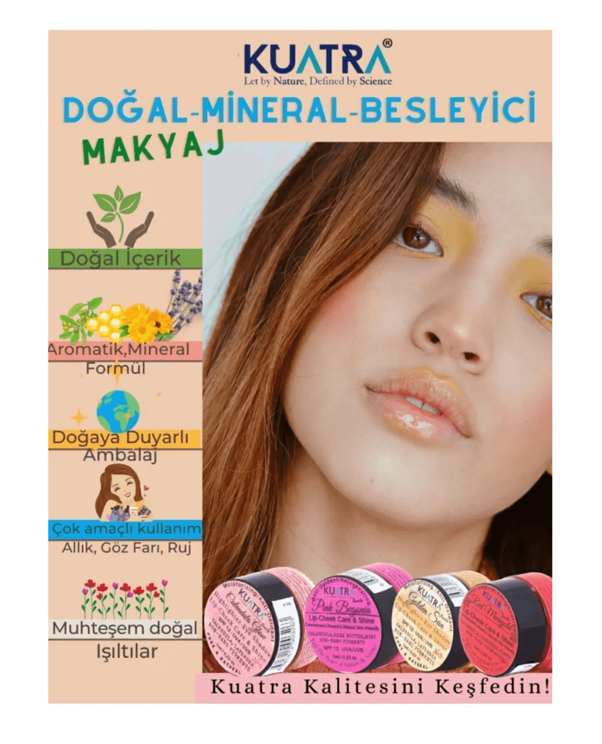 Kuatra Red Marigold Doğal İçerikli Nemlendirici - Antioksidan Işıltı Veren Balm (Ruj - Allık - Göz Farı) 7ml