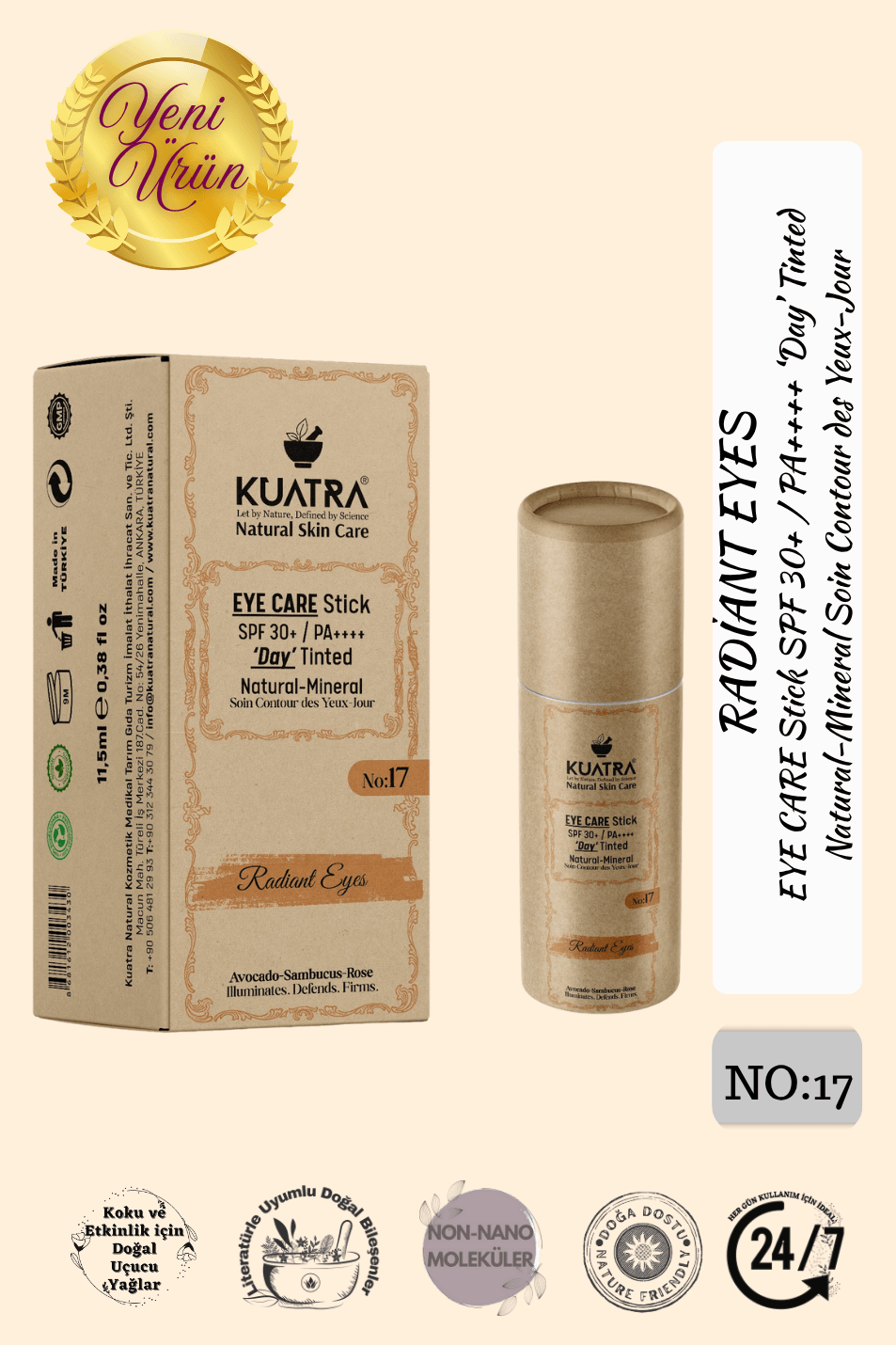 KUATRA Radiant Eyes Göz Çevresi Doğal Mineral Antiaging, Antioksidan Gündüz Bakım Stick SPF 30+ / PA++++ Renkli