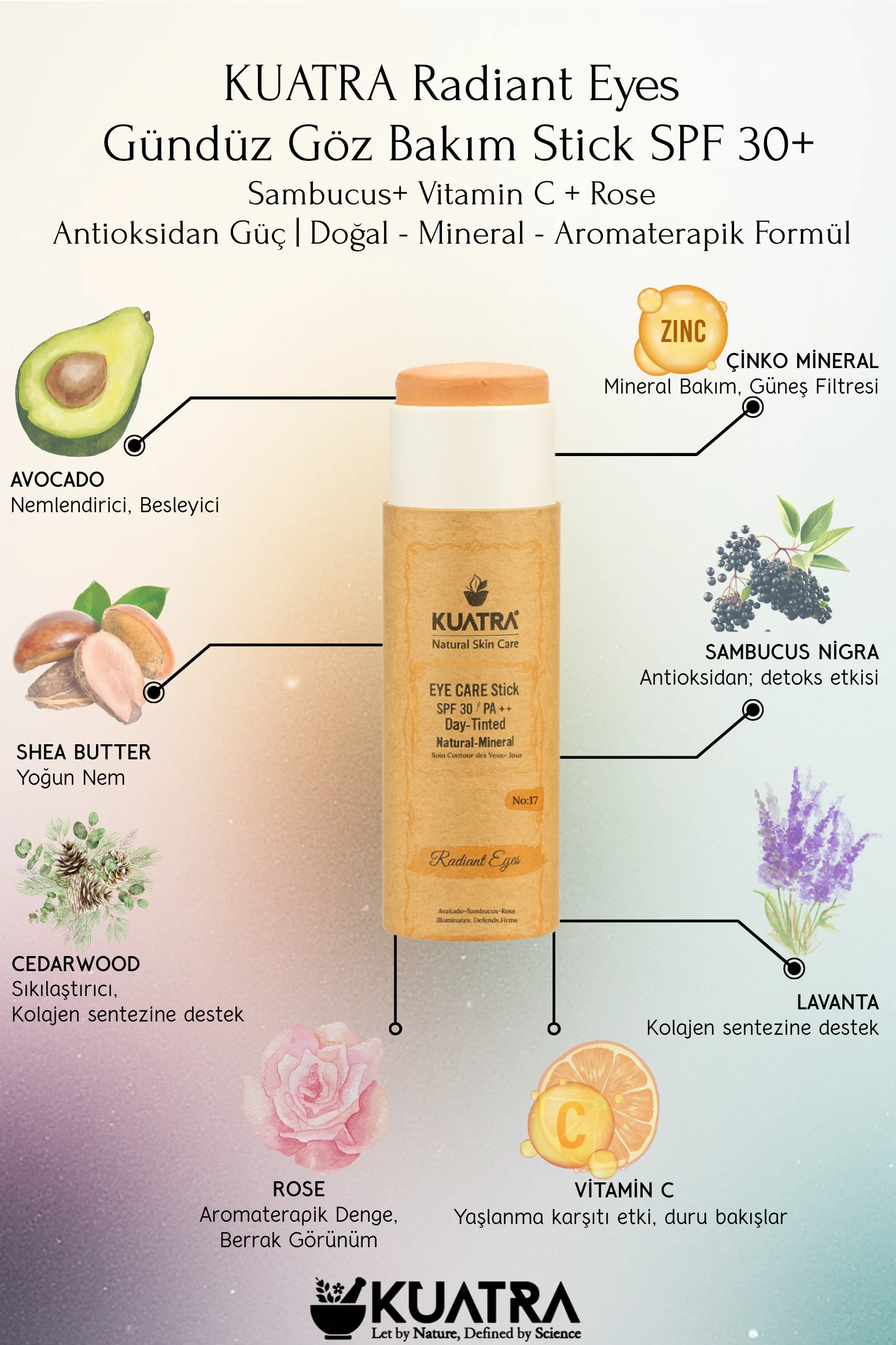 KUATRA Radiant Eyes Göz Çevresi Doğal Mineral Antiaging, Antioksidan Gündüz Bakım Stick SPF 30+ / PA++++ Renkli