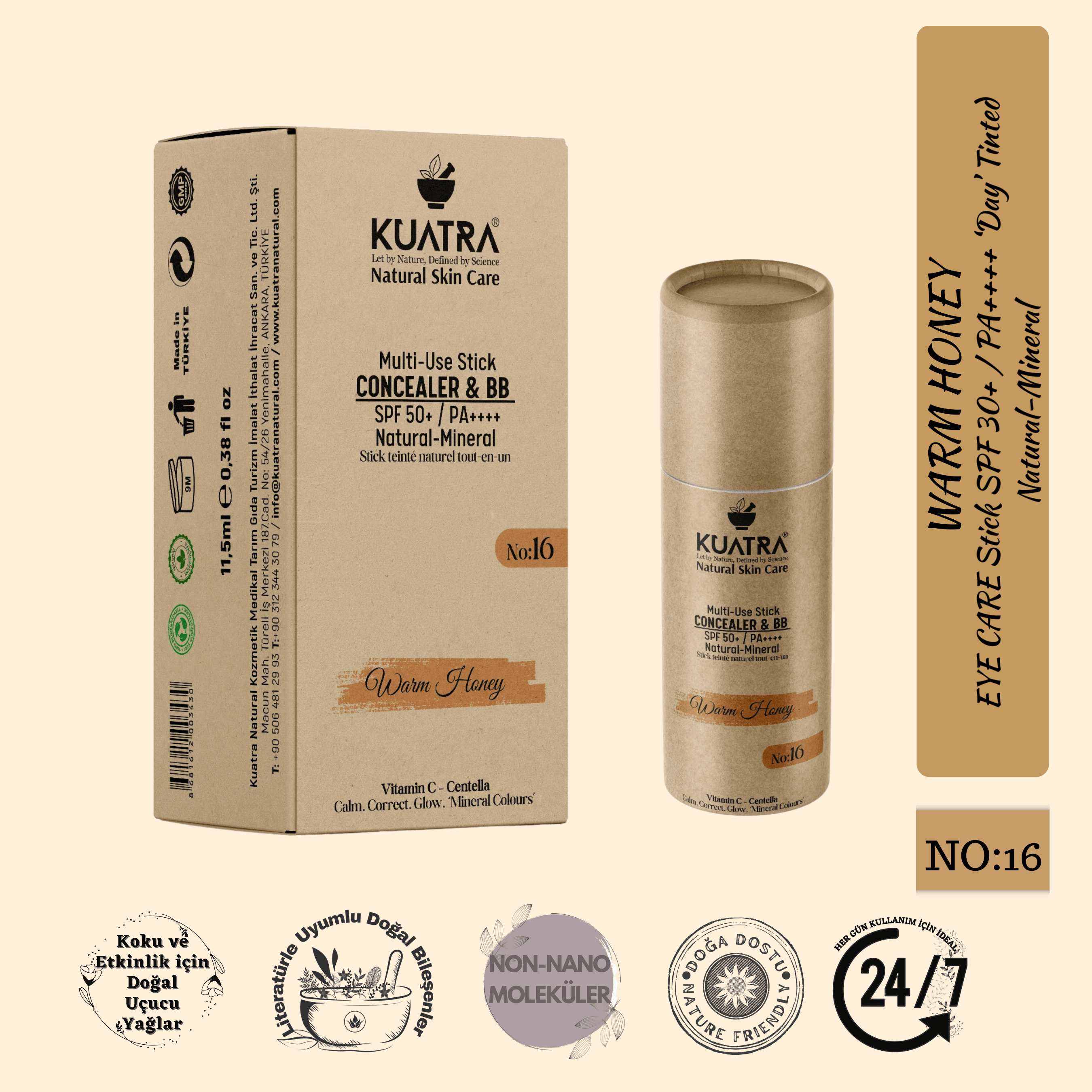 Kuatra Warm Honey Natural-Mineral Stick Concealer & BB | SPF 50+ PA++++ | Çok Amaçlı Nemlendirici, Leke Karşıtı, Vitamin C, Renkli Bakım
