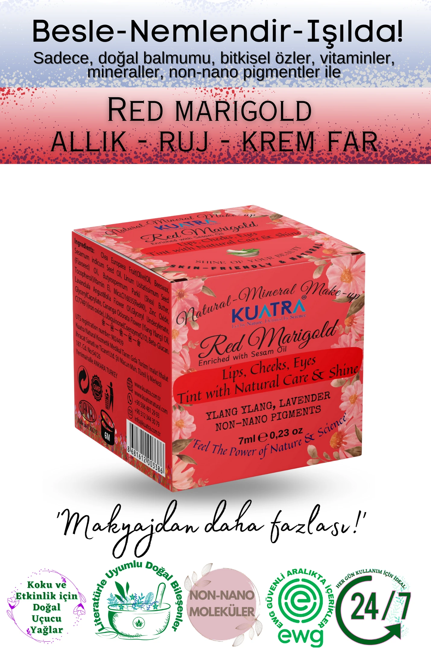 Kuatra Red Marigold Natural Ingredient Moisturizer - Antioxidant Shine Balm (Lipstick - Blush - Eye Shadow) 7ml