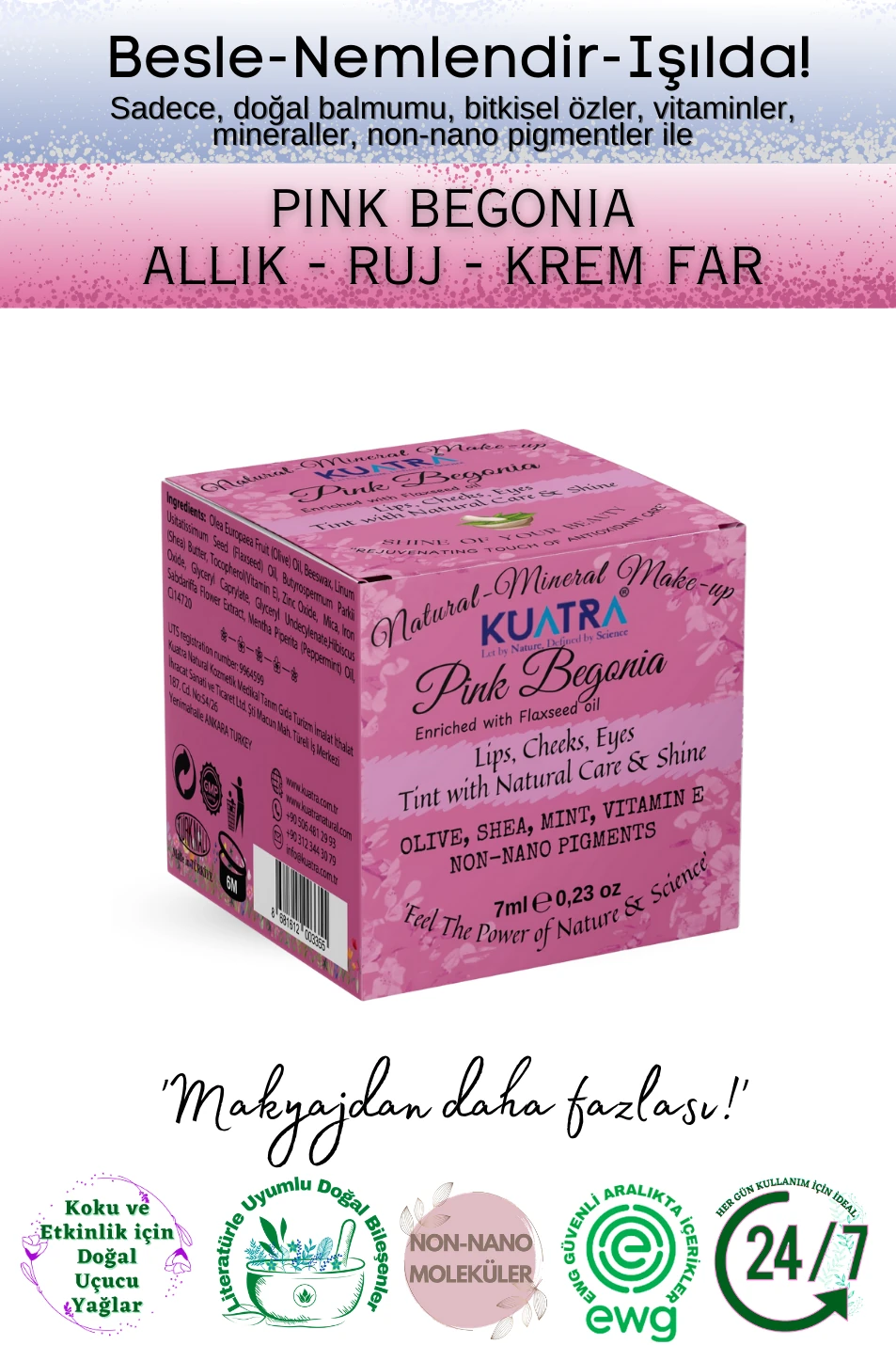 Kuatra Pink Begonia Natural Ingredient Moisturizer - Antioxidant Shine Balm (Lipstick - Blush - Eye Shadow) 7ml