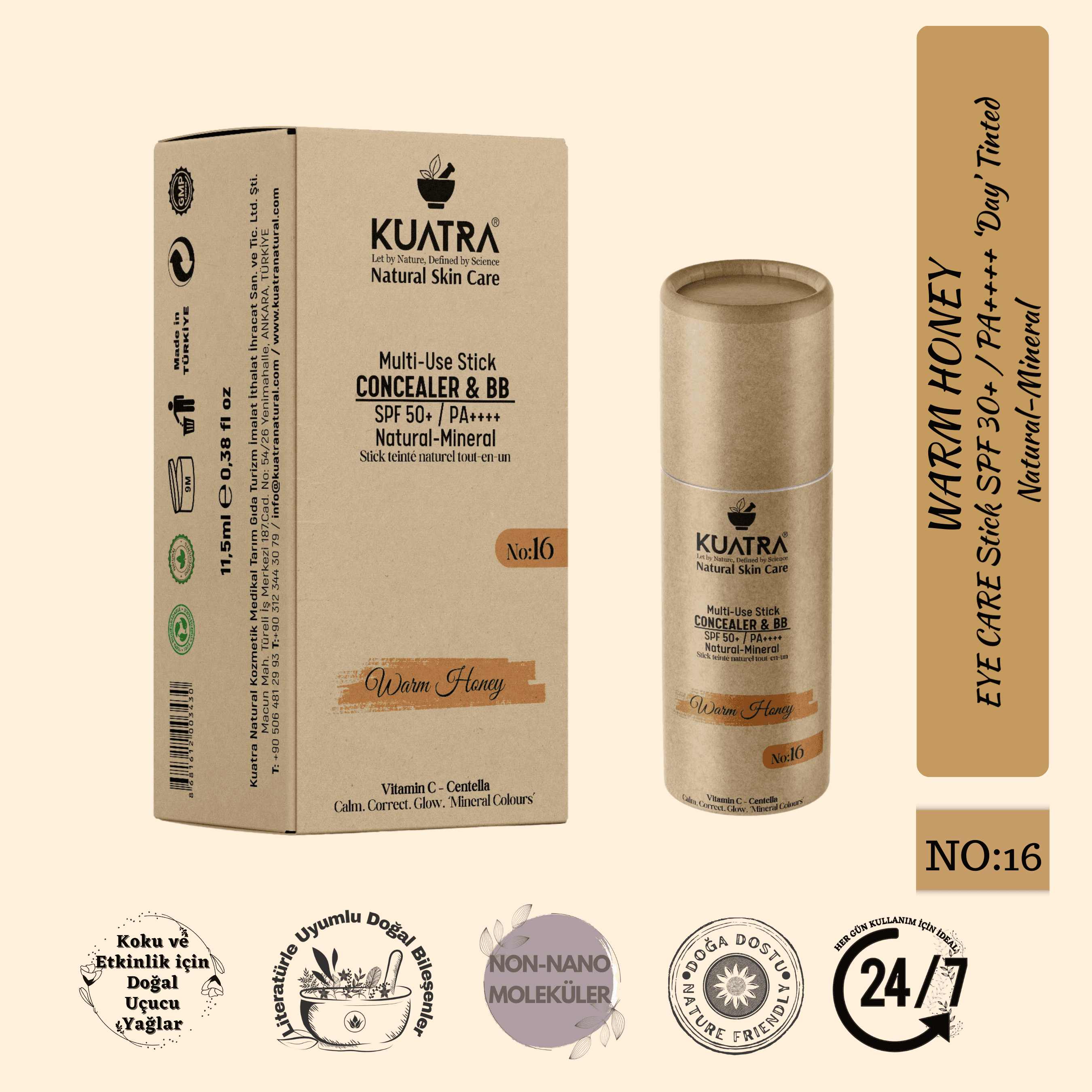Kuatra Warm Honey Natural-Mineral Stick Concealer & BB | SPF 50+ PA++++ | Çok Amaçlı Nemlendirici, Leke Karşıtı, Vitamin C, Renkli Bakım
