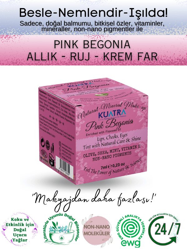 Kuatra Pink Begonia Doğal İçerikli Nemlendirici - Antioksidan Işıltı Veren Balm (Ruj - Allık - Göz Farı) 7ml