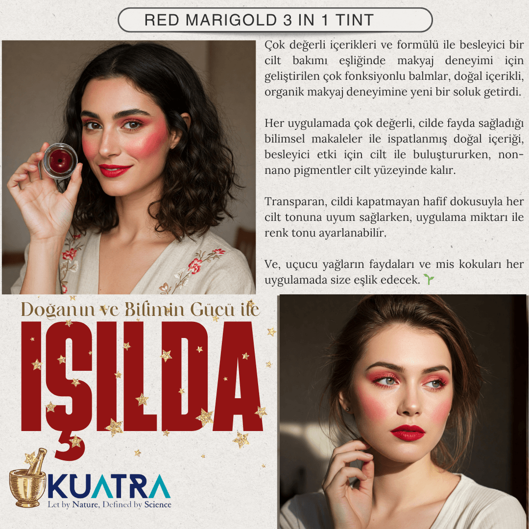 Kuatra Red Marigold Doğal İçerikli Nemlendirici - Antioksidan Işıltı Veren Balm (Ruj - Allık - Göz Farı) 7ml