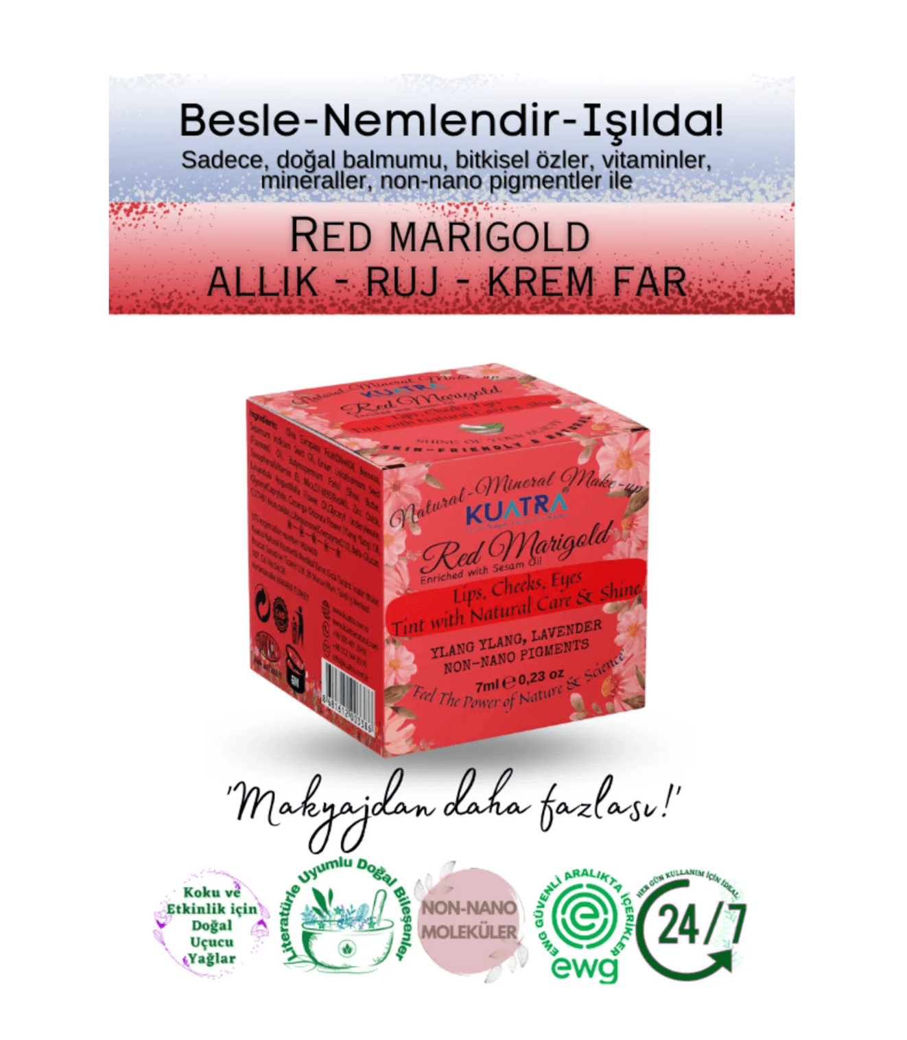 Kuatra Red Marigold Doğal İçerikli Nemlendirici - Antioksidan Işıltı Veren Balm (Ruj - Allık - Göz Farı) 7ml