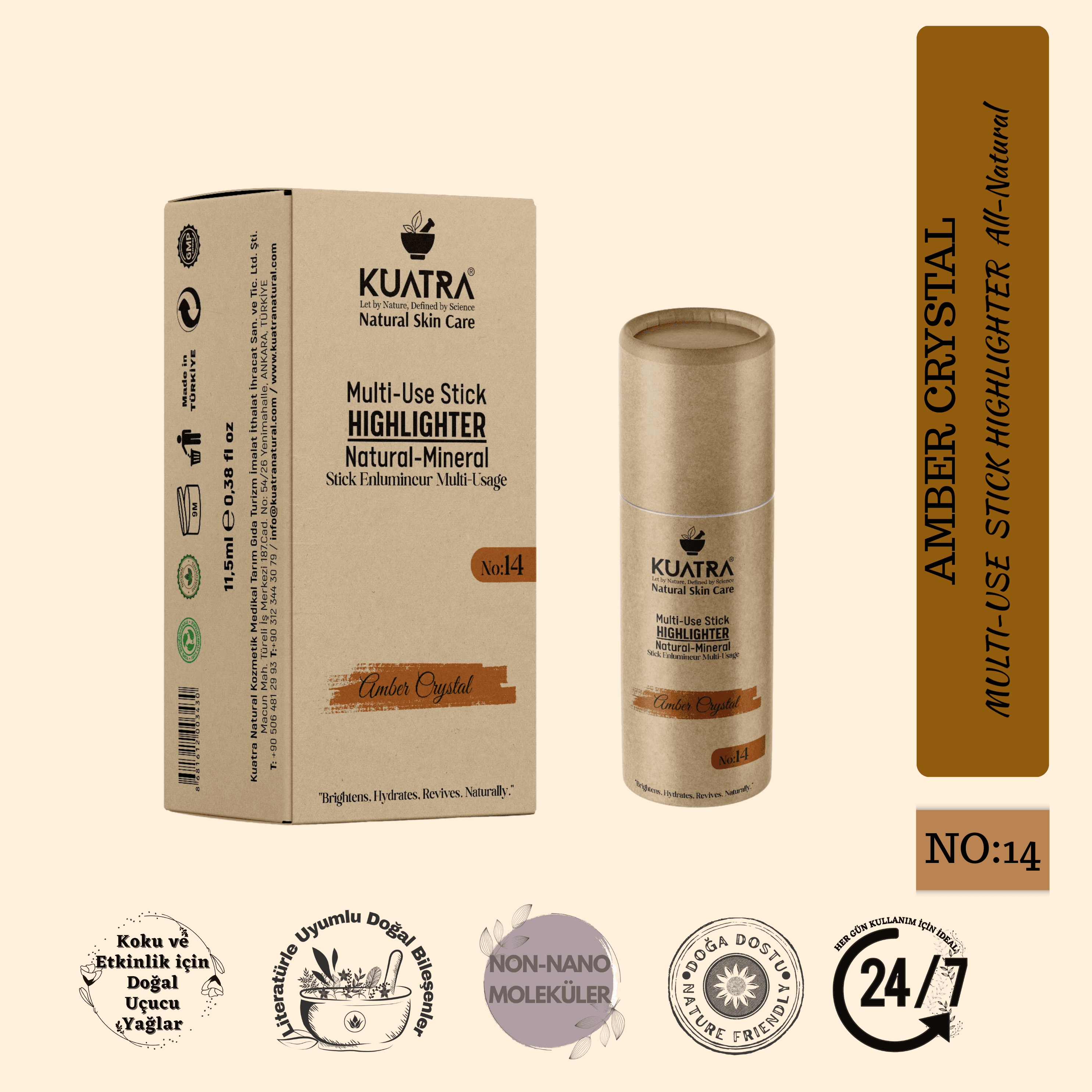 Kuatra Amber Crystal – Doğal Bakır Işıltı Highlighter Stick | Nemlendirici & Antioksidan | Plastiksiz Ambalaj
