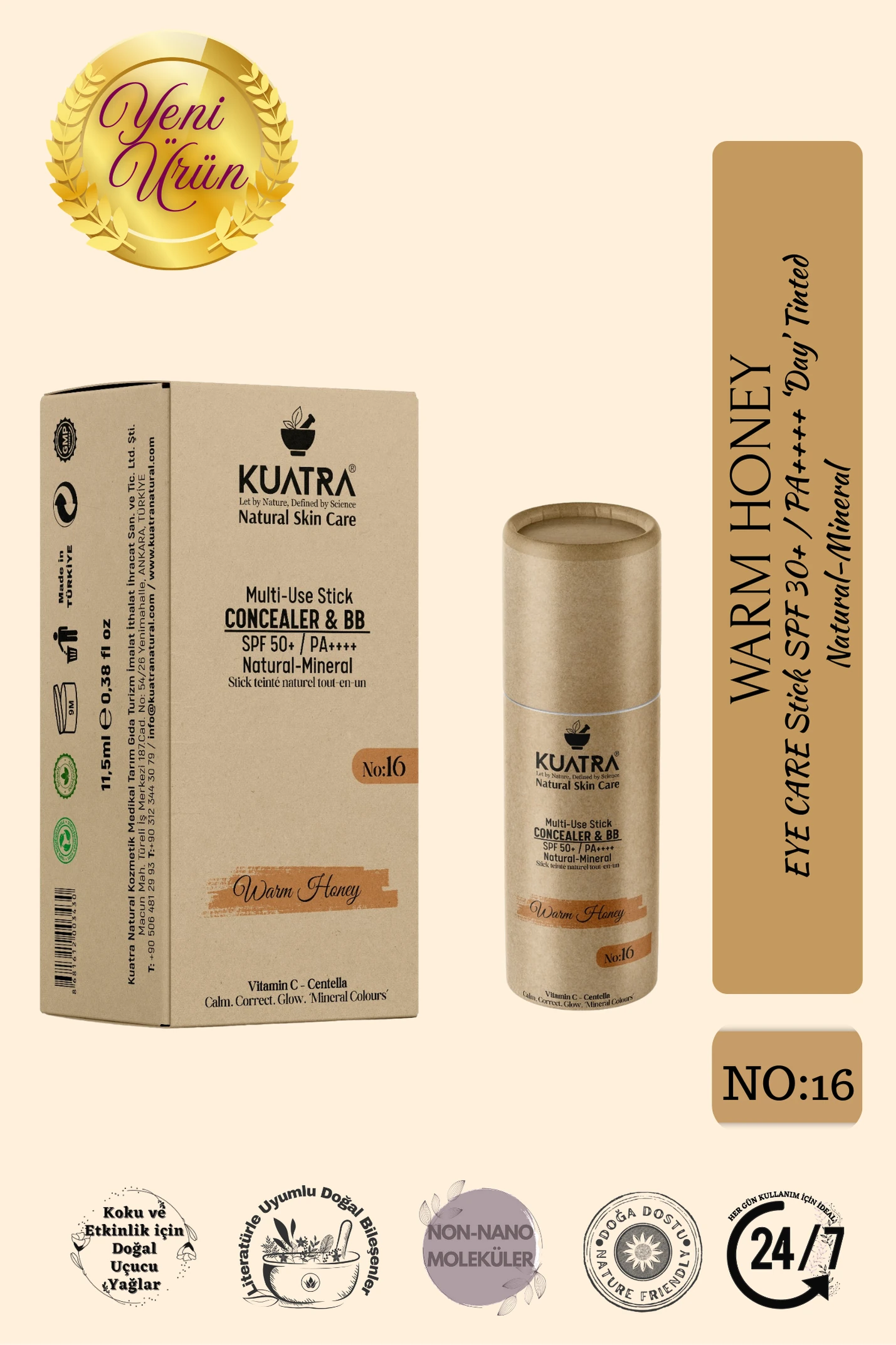 Kuatra Warm Honey Natural-Mineral Stick Concealer & BB | SPF 50+ PA++++ | Çok Amaçlı Nemlendirici, Leke Karşıtı, Vitamin C, Renkli Bakım