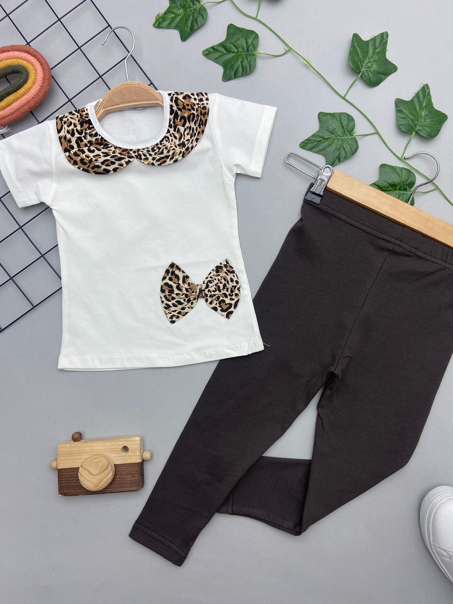 ⭐ LEOPAR KURDALE DETAYLI KIZ COCUK TAKIM