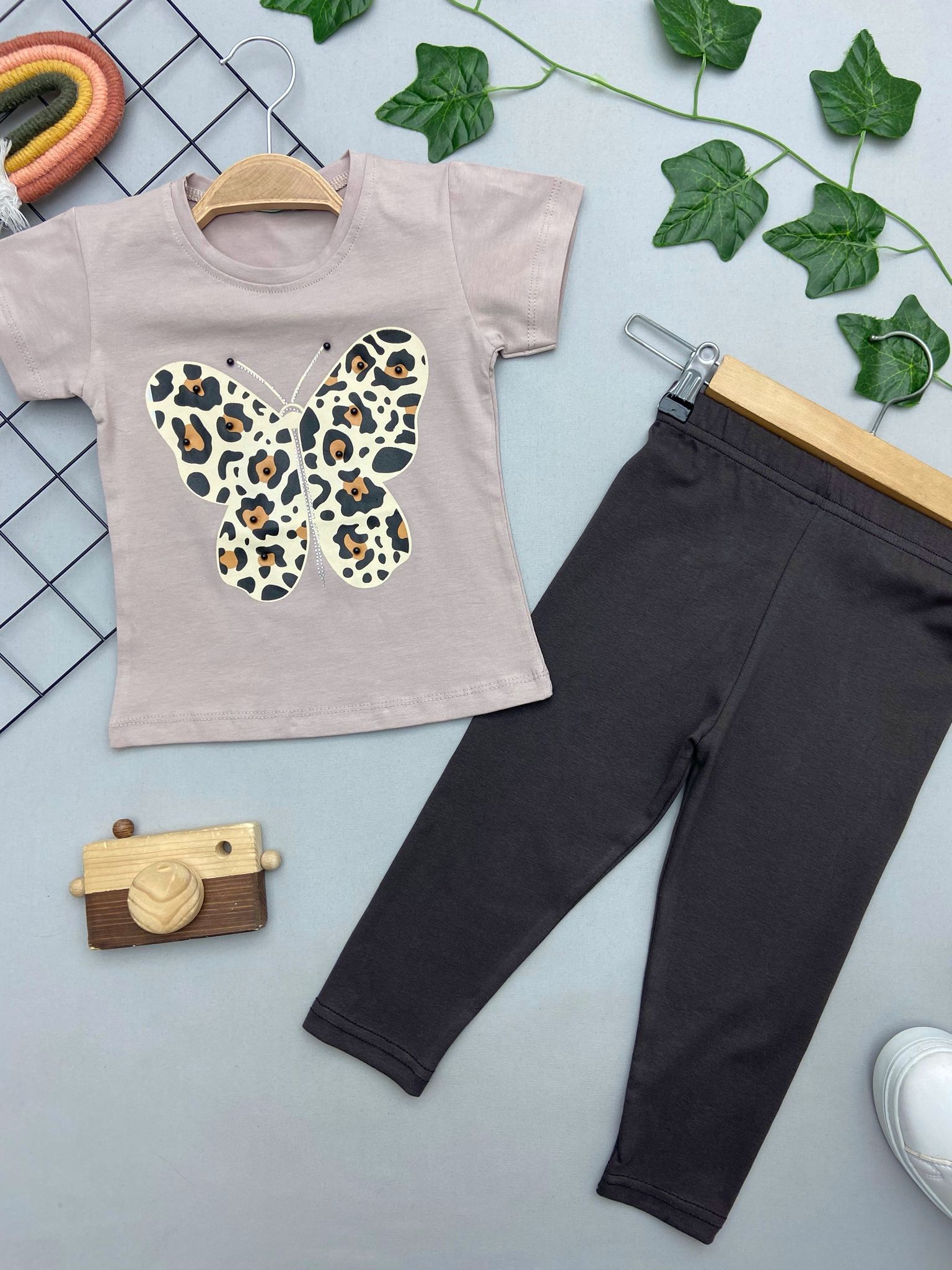 ⭐ LEOPAR KELEBEK BASKILI KIZ COCUK TAKIM