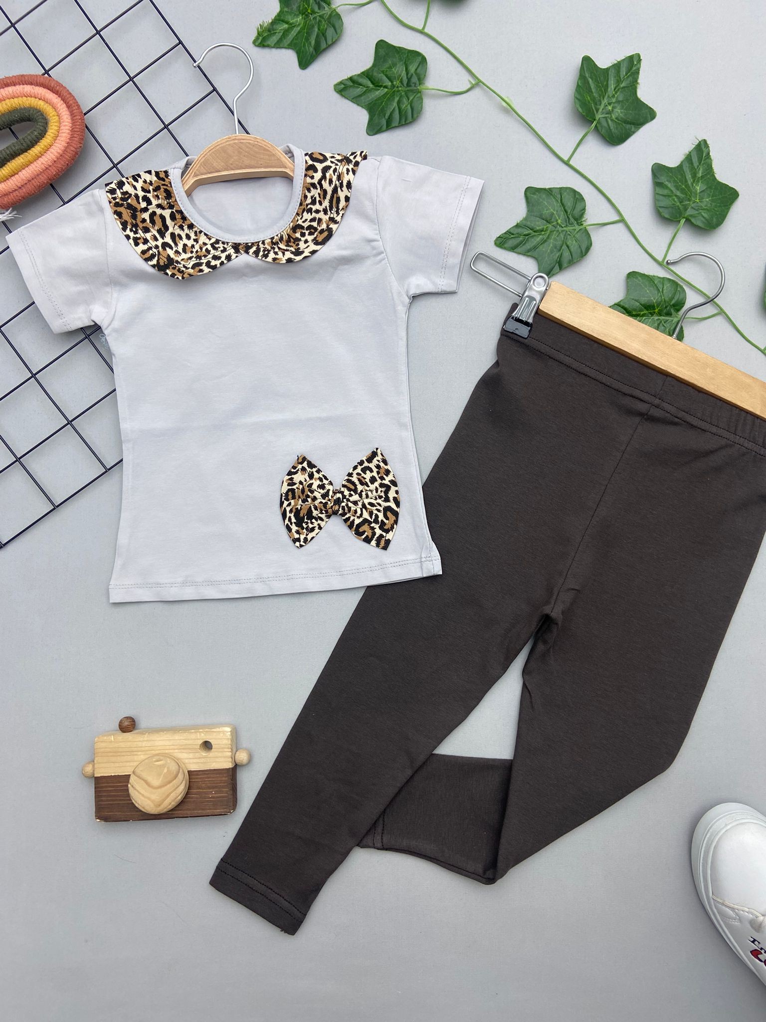 ⭐ LEOPAR KURDALE DETAYLI KIZ COCUK TAKIM