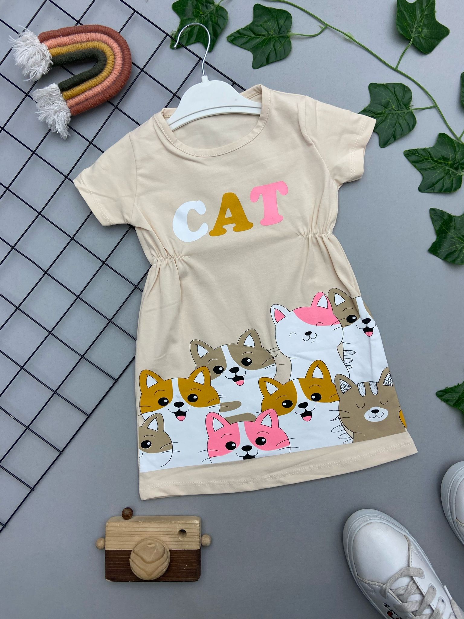 ⭐ KEDİ BASKILI KIZ ÇOCUK ELBİSE
