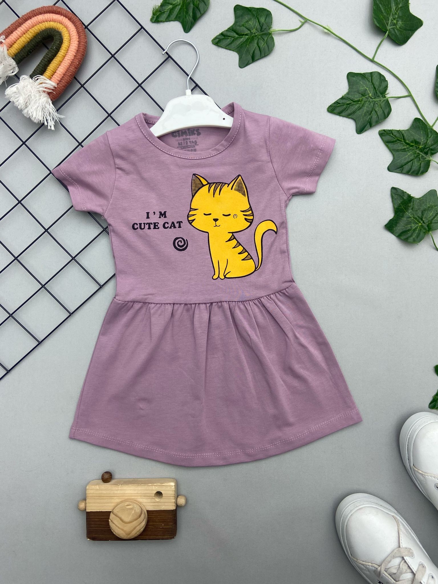 ⭐ I'M CUTE CAT YAZILI KIZ ÇOCUK ELBİSE