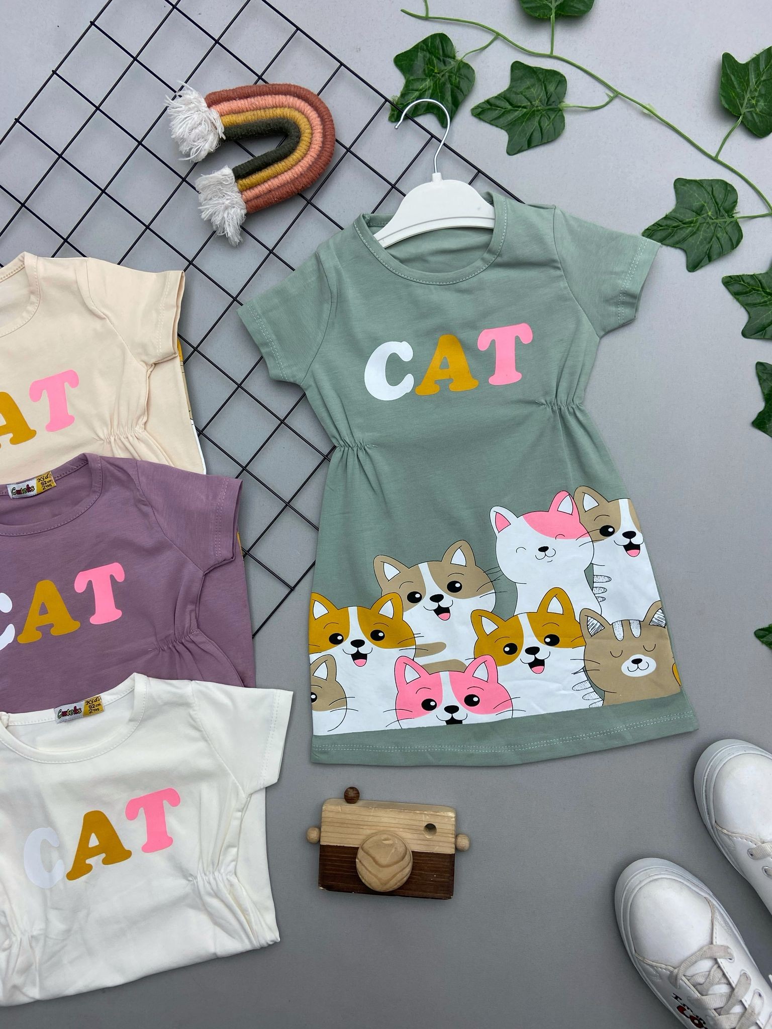 ⭐ KEDİ BASKILI KIZ ÇOCUK ELBİSE
