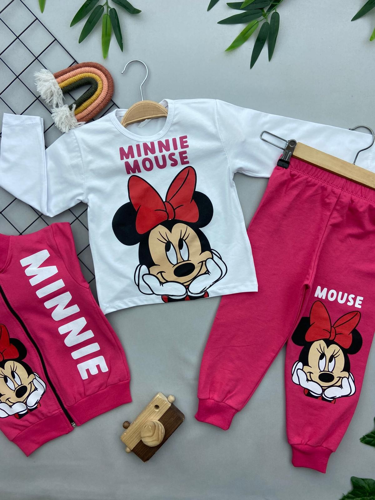MINNIE MOUSE BASKILI 3'LU KIZ COCUK TAKIM