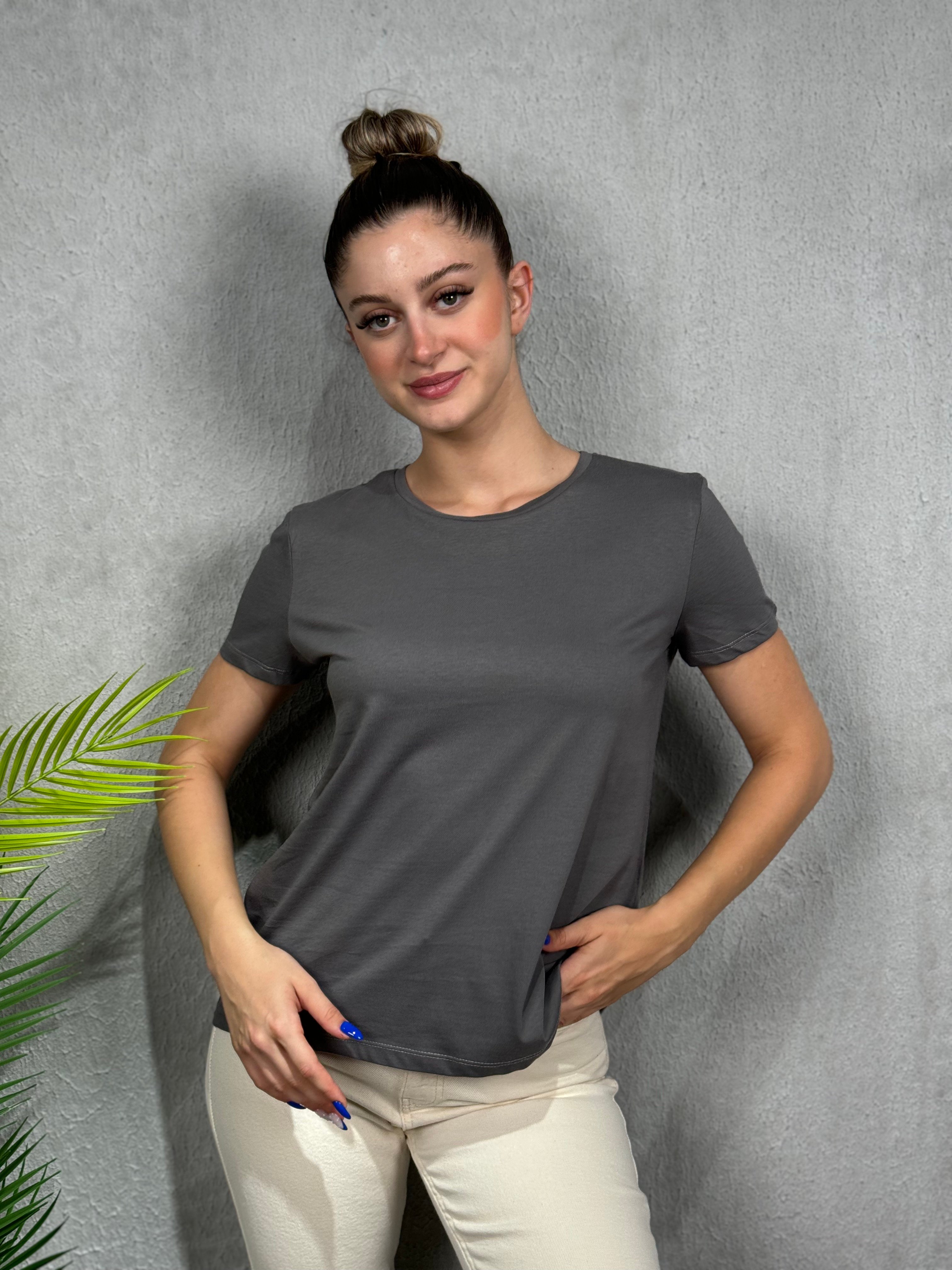 BİSİKLET YAKA BASIC T-SHIRT - FÜME