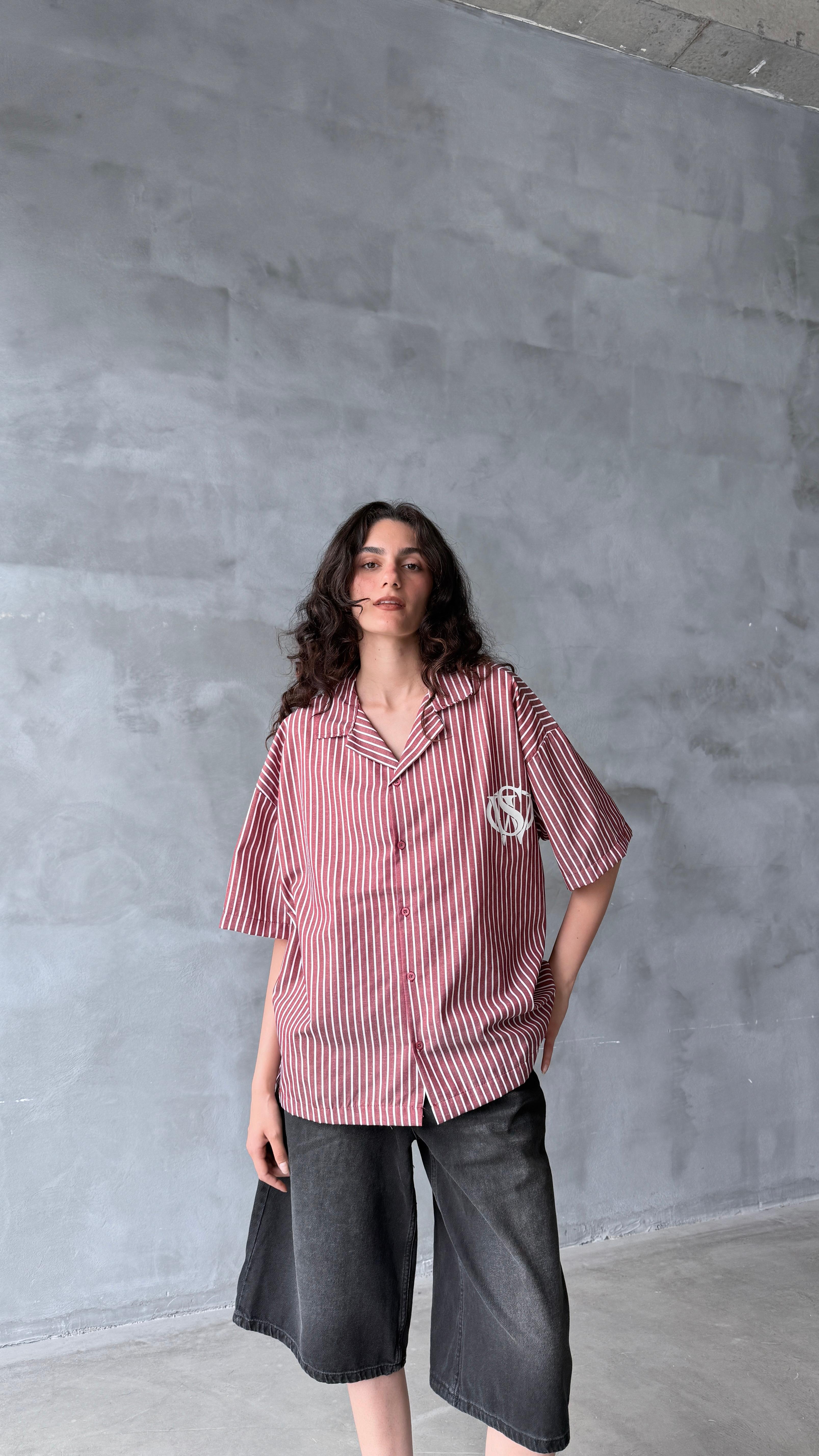 VSV Bordo Çizgili Oversize Gömlek 