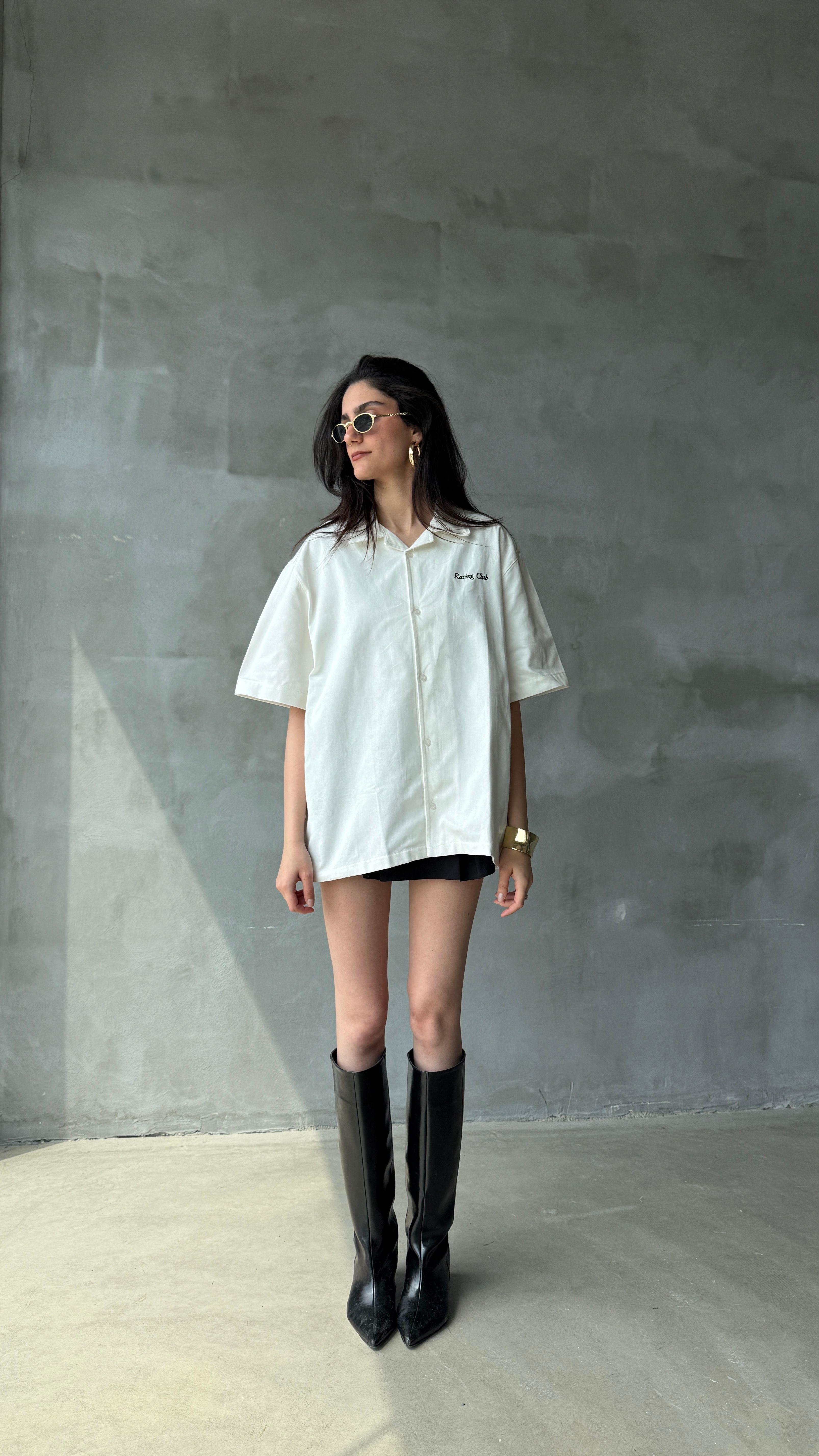 Beyaz Racing Club Premium Oversize Kot Gömlek