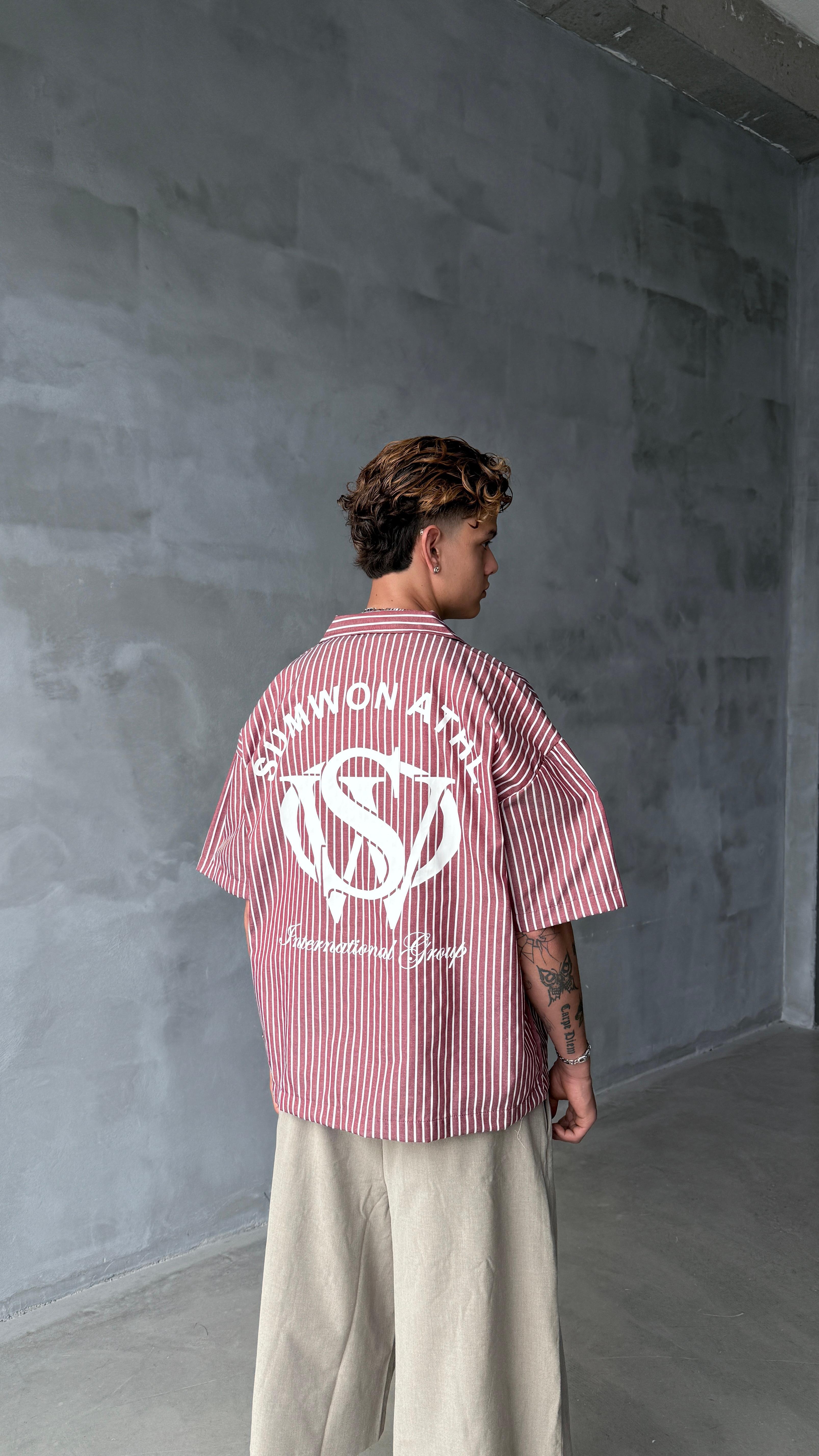 VSV Bordo Çizgili Oversize Gömlek 
