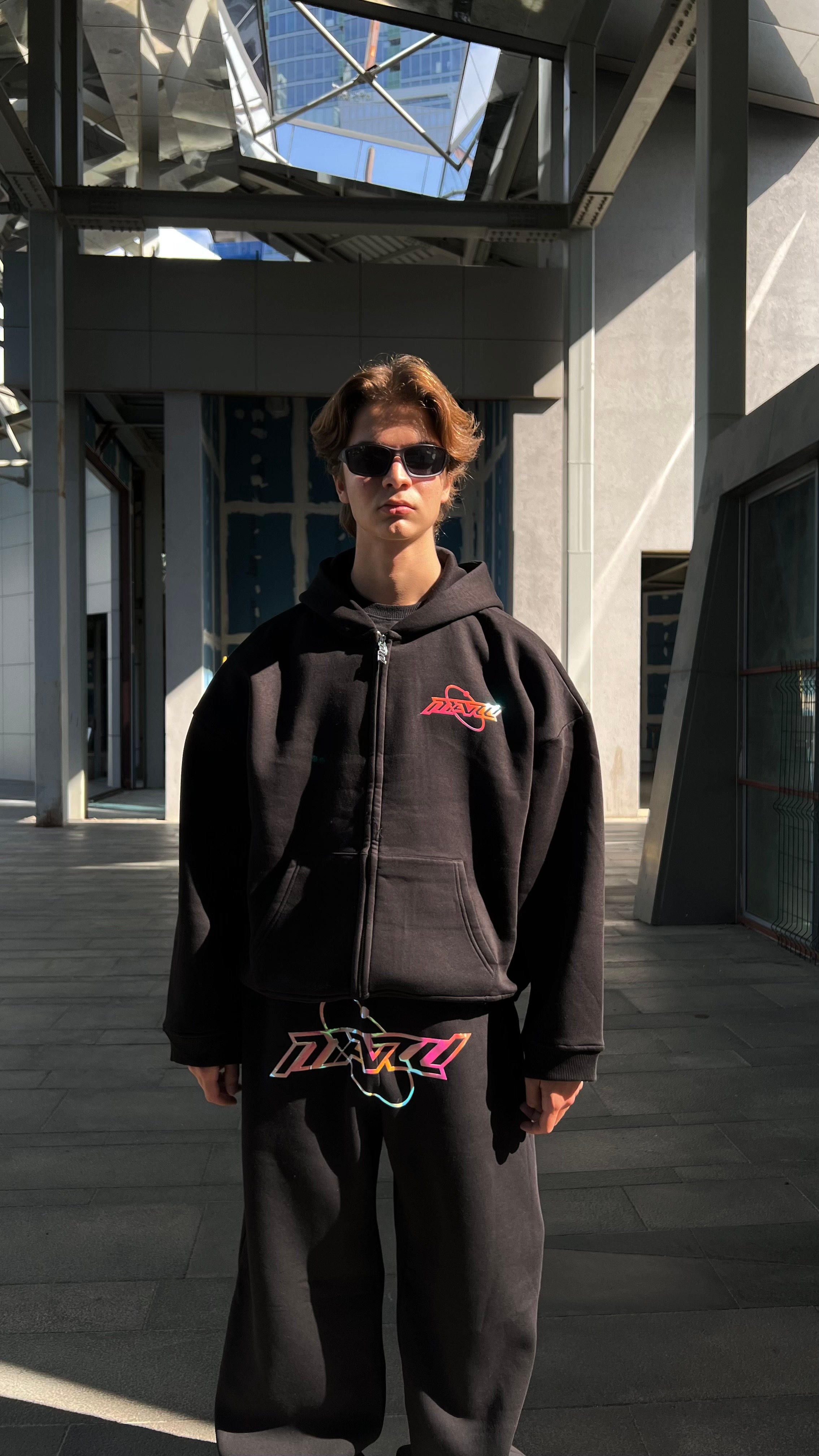 RW Black Hologram Baskı Oversize Zipper Hoodie