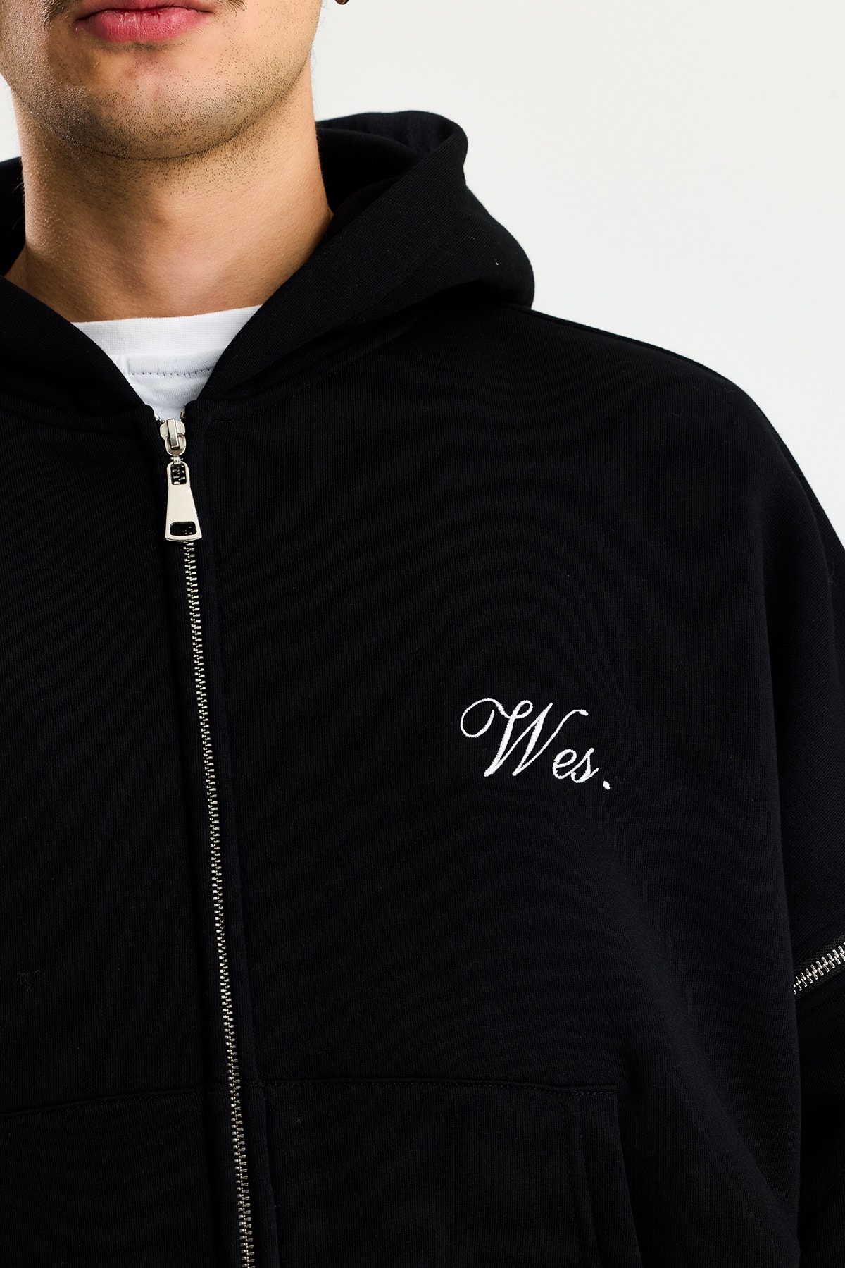 Wes Kolları Çıkarılabilir Premium Nakış Detay Boxy Fit Zipper Hoodie