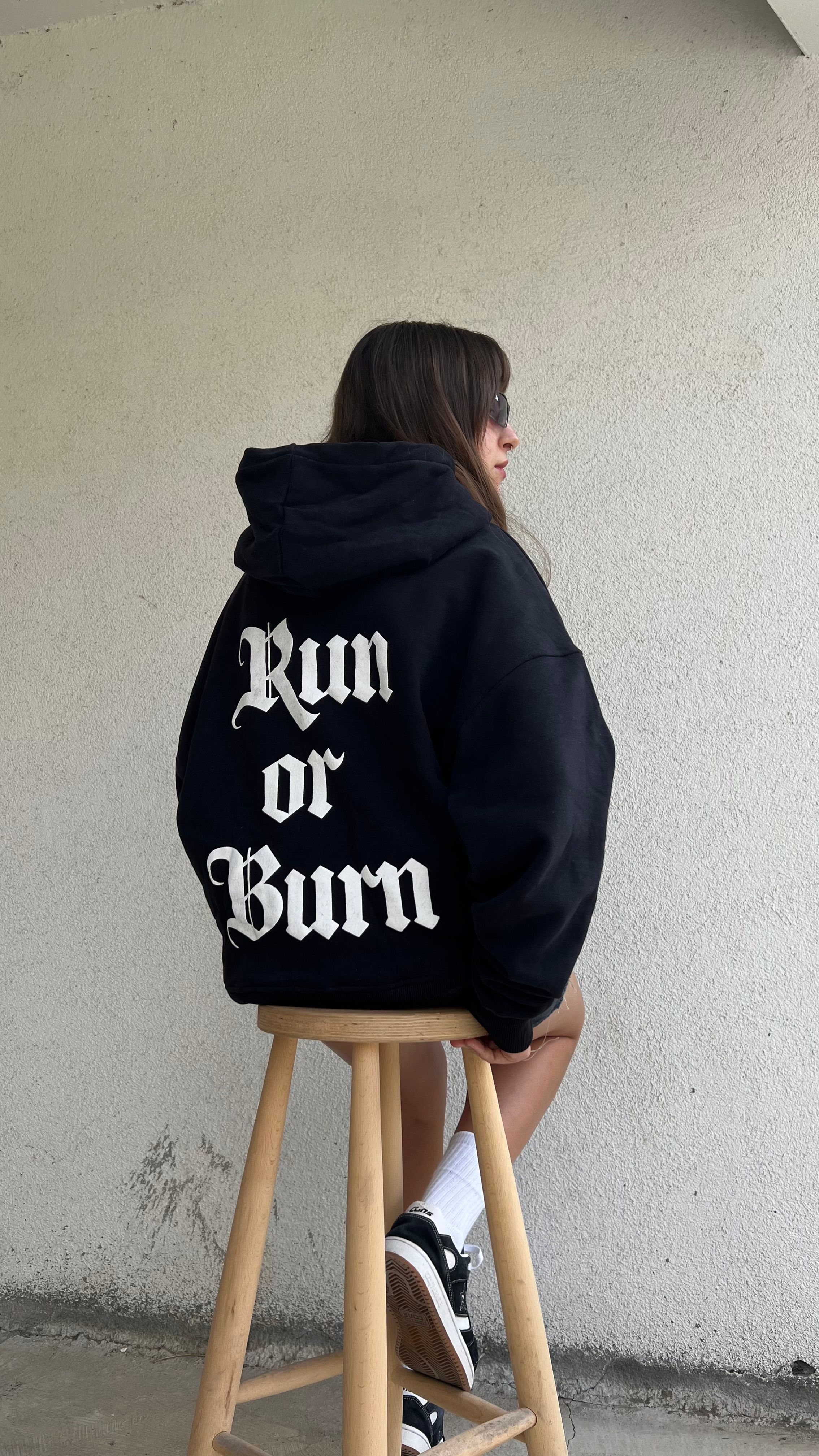 Run Or Burn Kabartma Baskı Oversize Zipper Hoodie