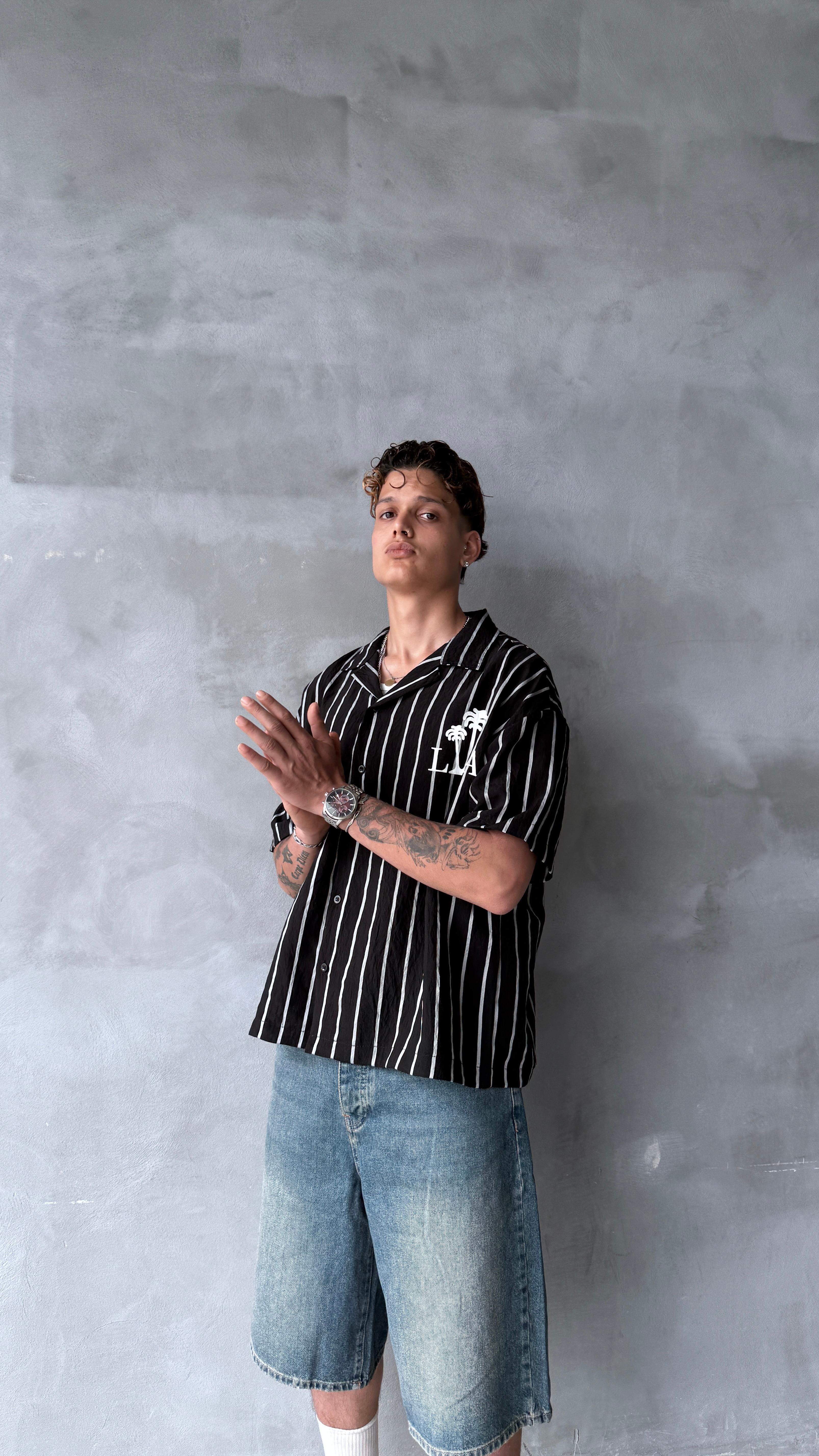 Siyah LA Çizgili Oversize Keten Gömlek