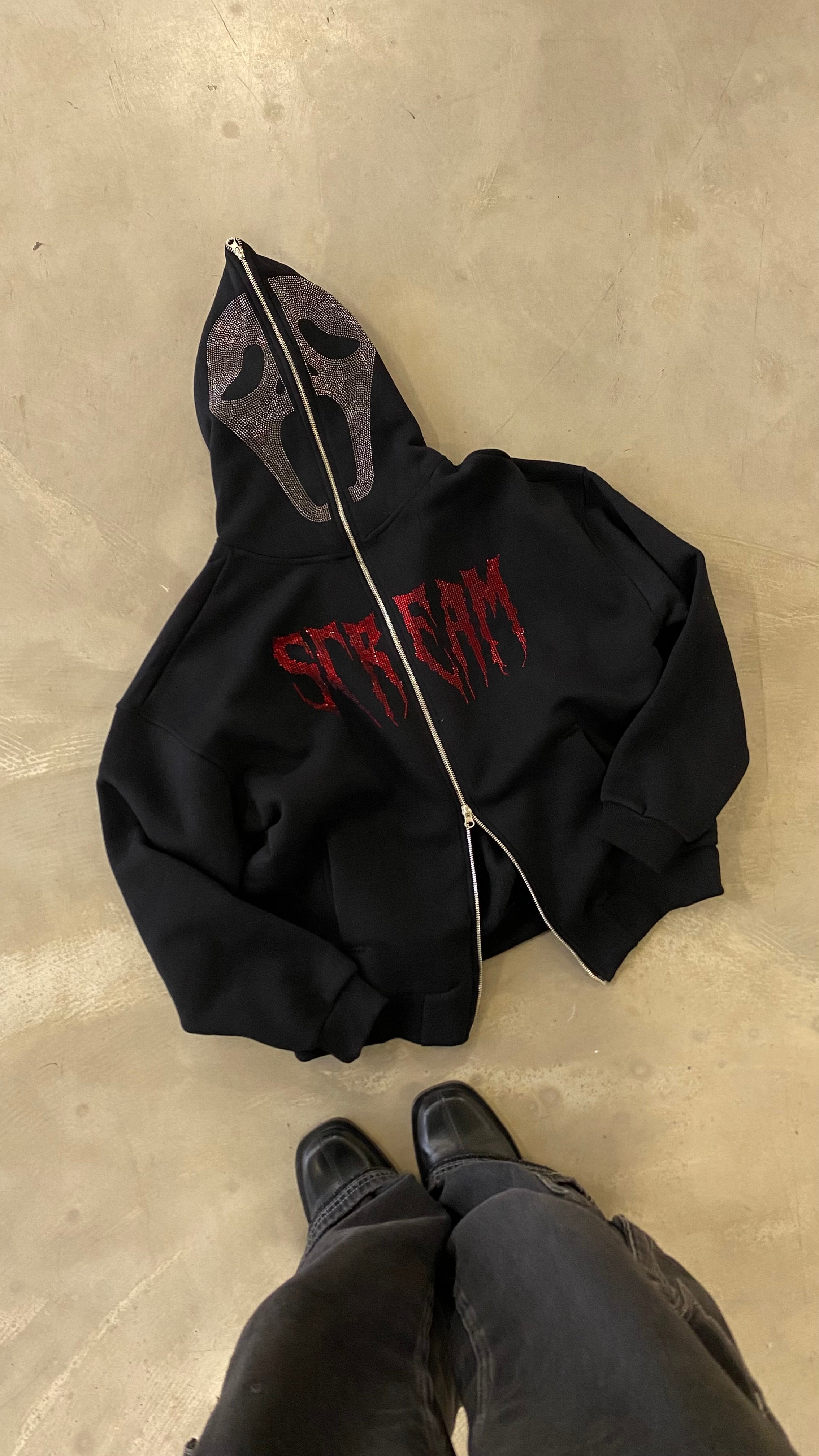 Scream Taş İşlemeli Oversize Full Zipper Hoodie