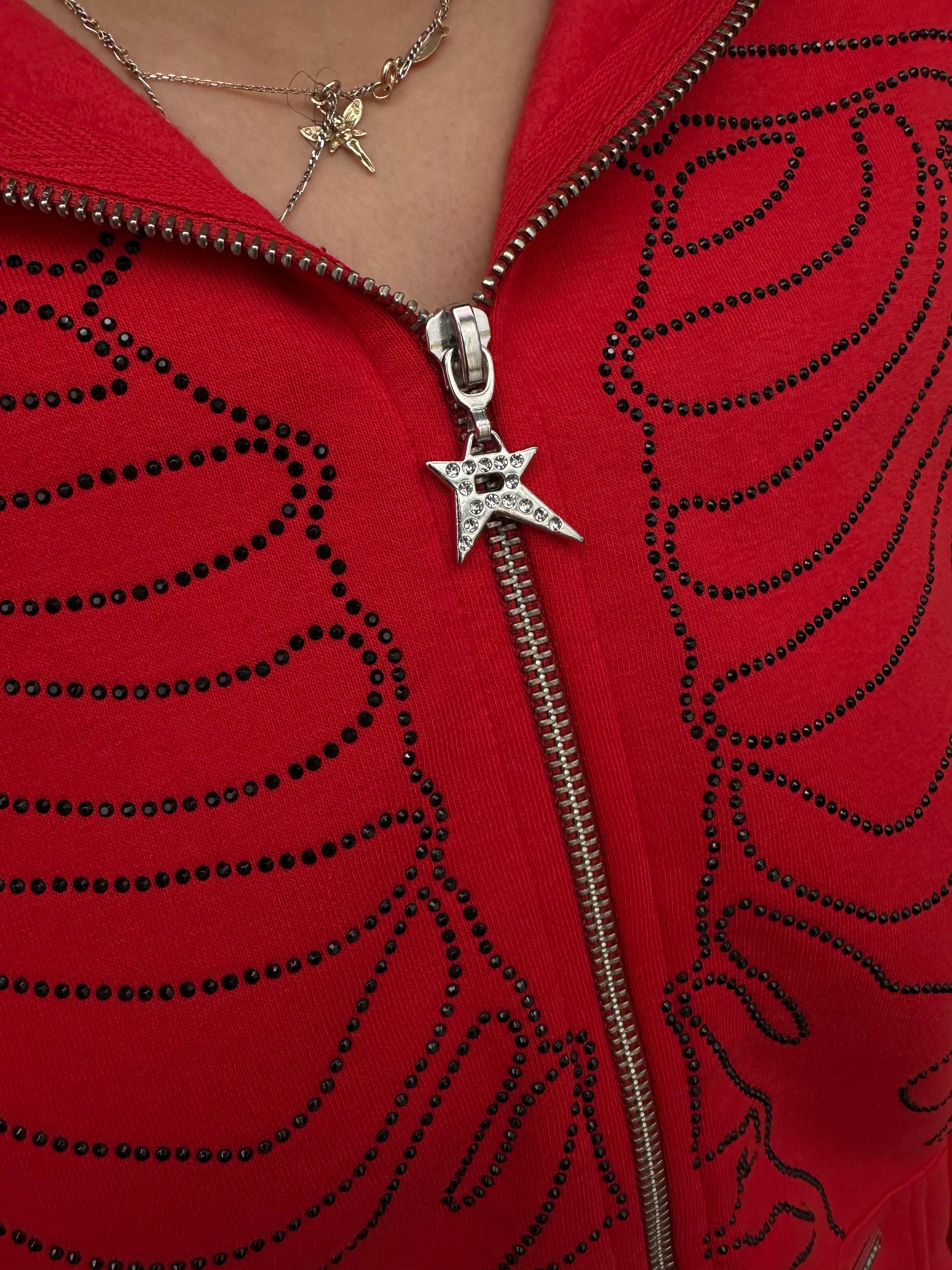 RW Red Skeleton Rhinestones Oversize Zipper Hoodie