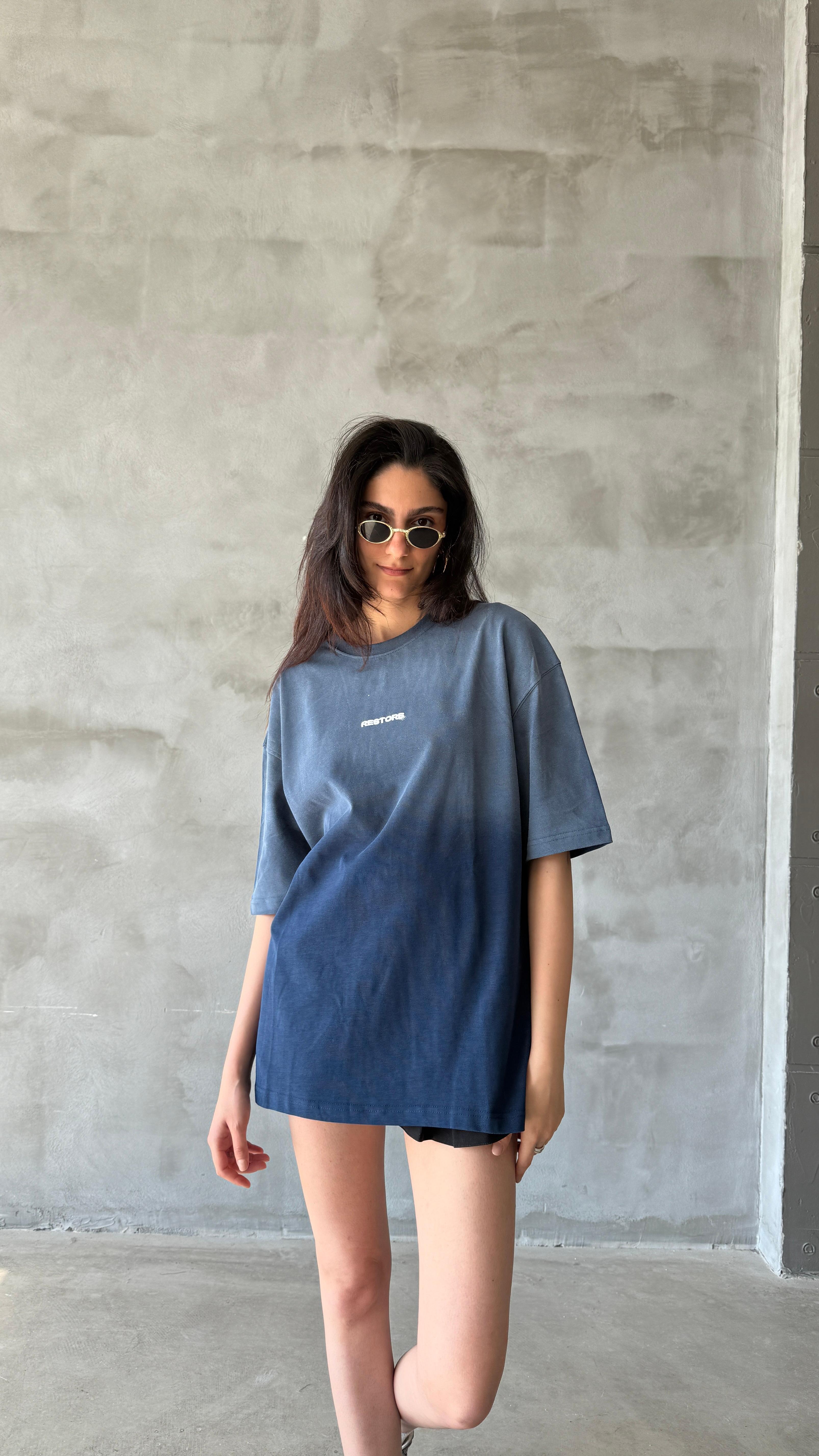 Lacivert Restore Yıkamalı Oversize Tişört 