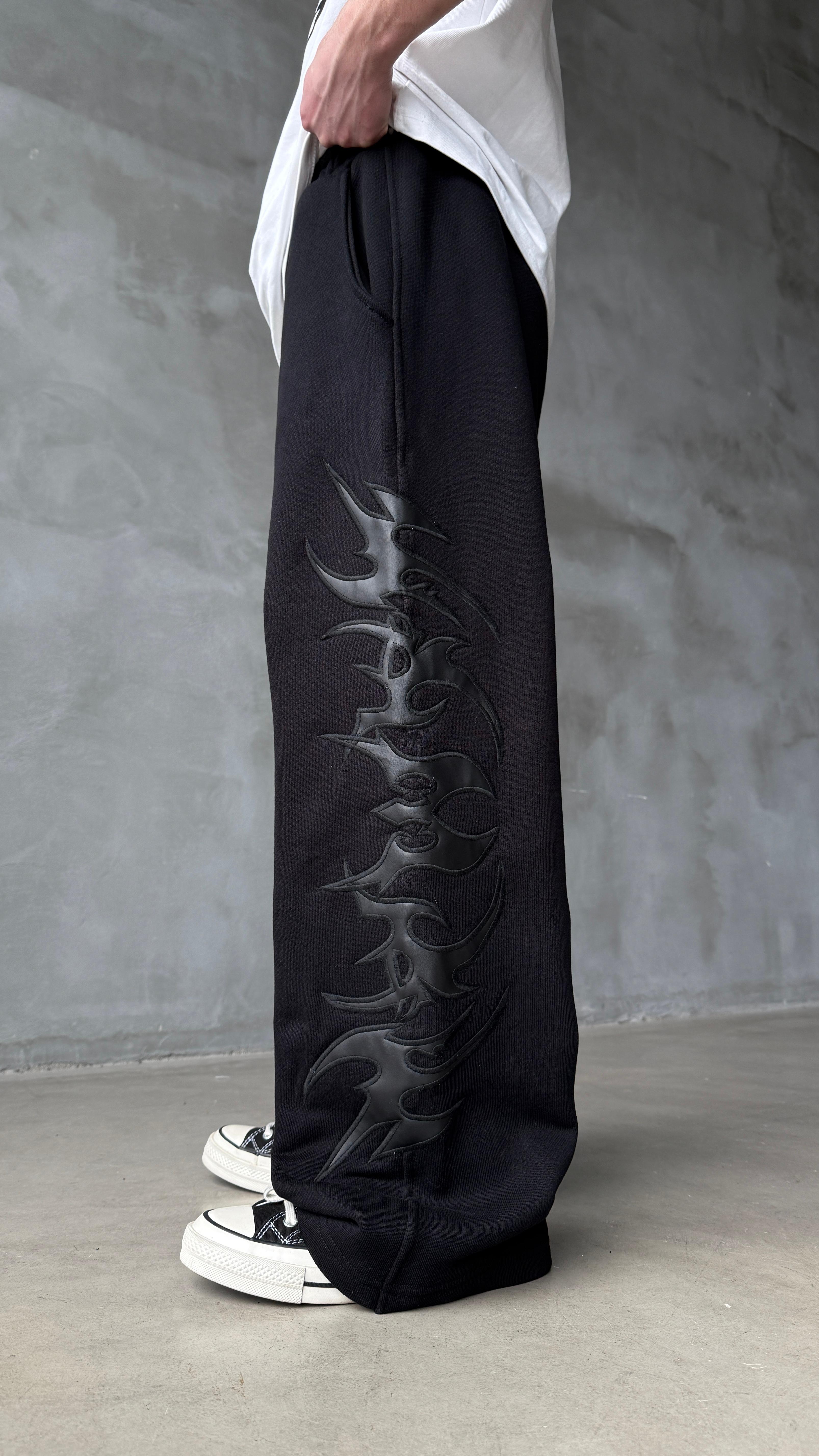Siyah Tribal Deri Detay Double Waist Premium Baggy Sweatpant 