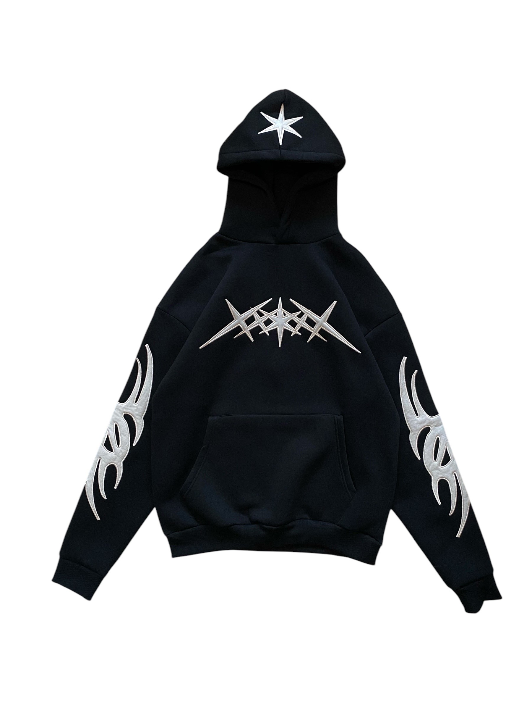 Siyah Tribal Nakış İşlemeli Oversize Hoodie 