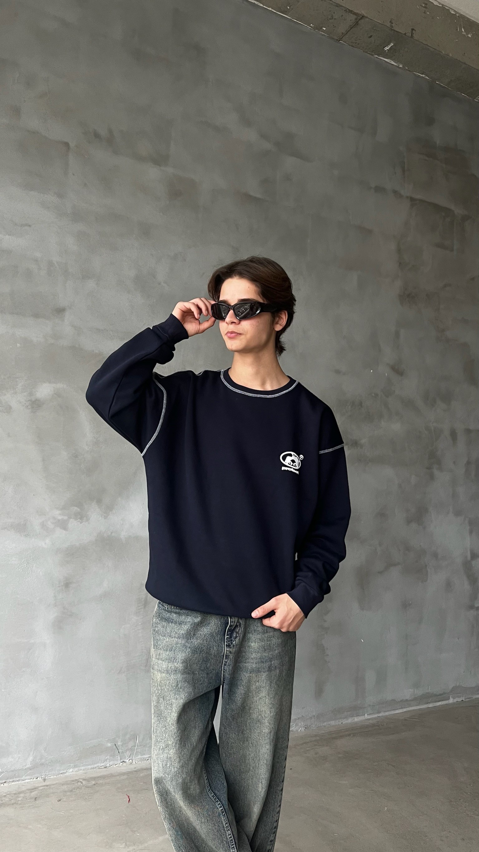 Koyu Lacivert Product Ters Dikiş Detay Oversize Sweatshirt 