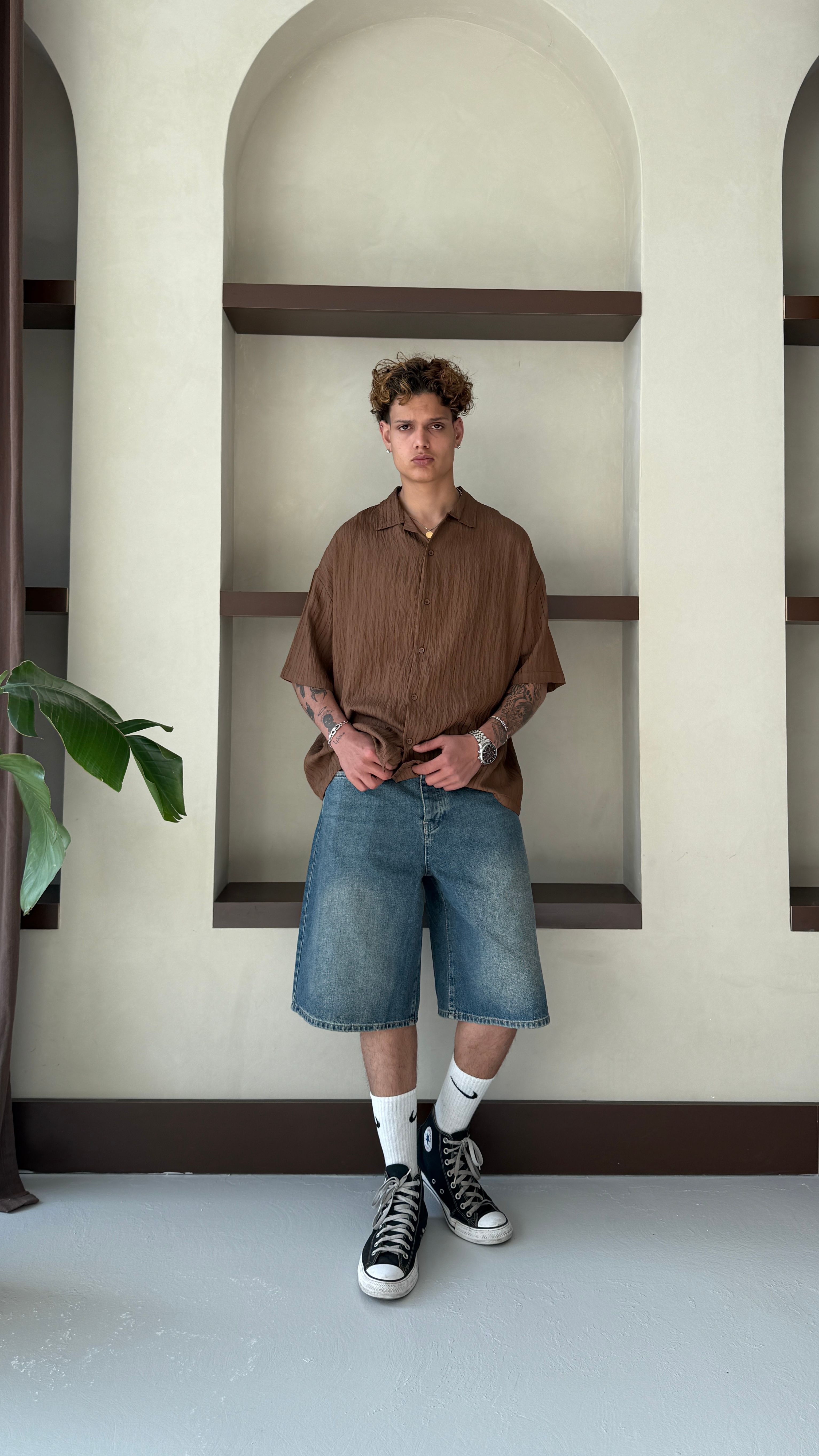 Kahve Basic Oversize Keten Gömlek