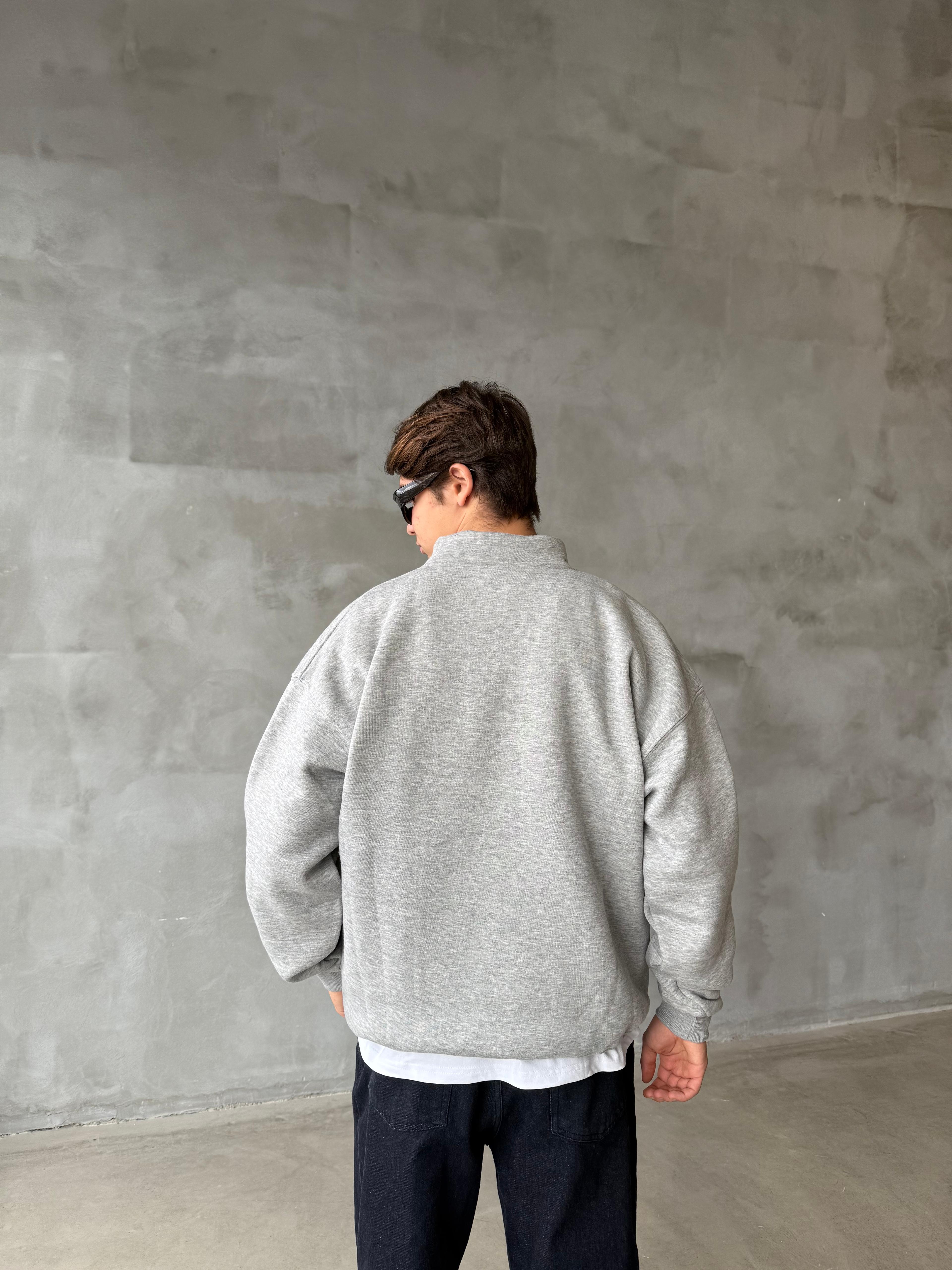 Gri Nakış İşlemeli Fermuarlı Oversize Sweatshirt