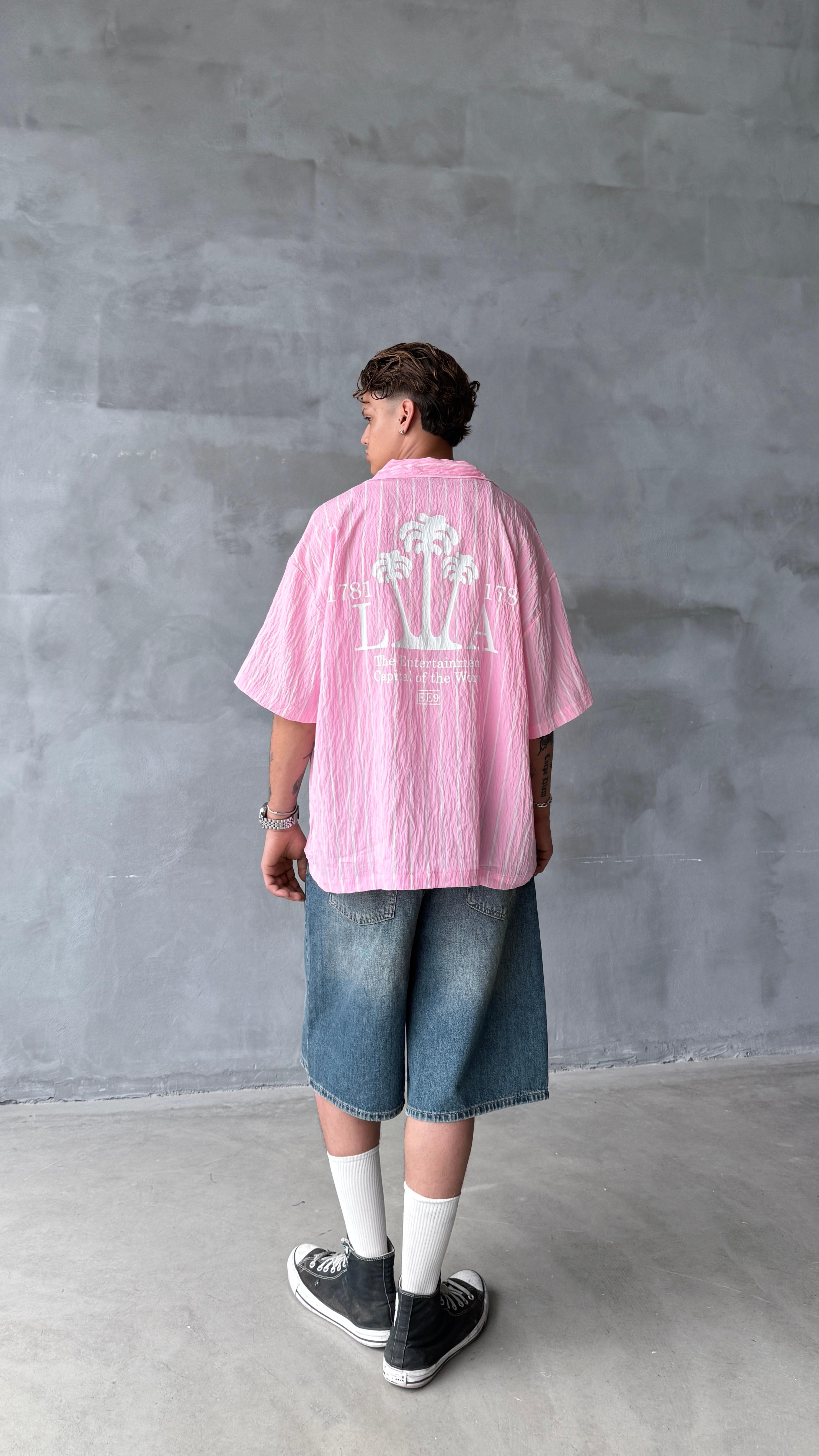 Pembe LA Çizgili Oversize Keten Gömlek
