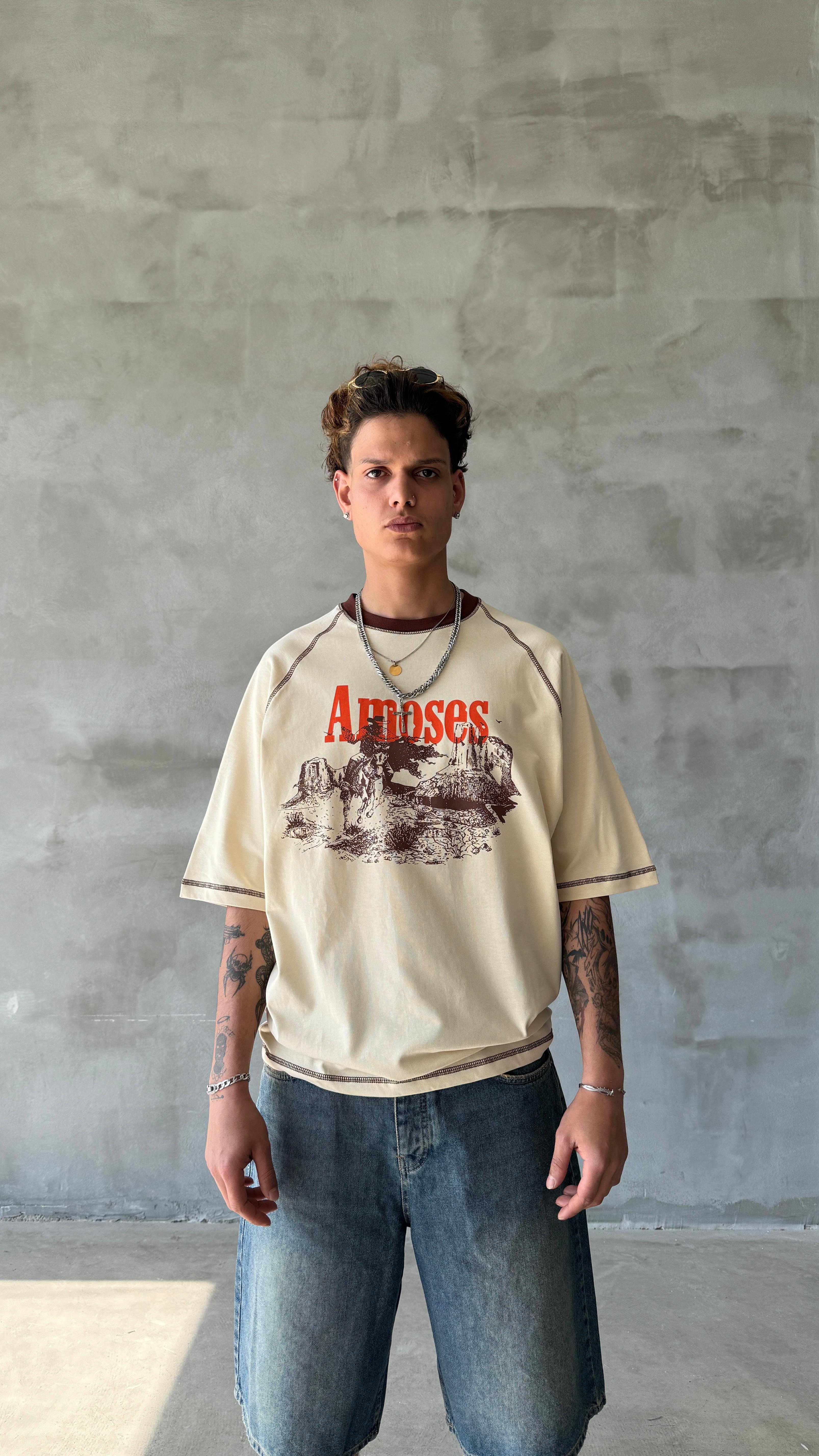 Krem Amoses Oversize Tişört 