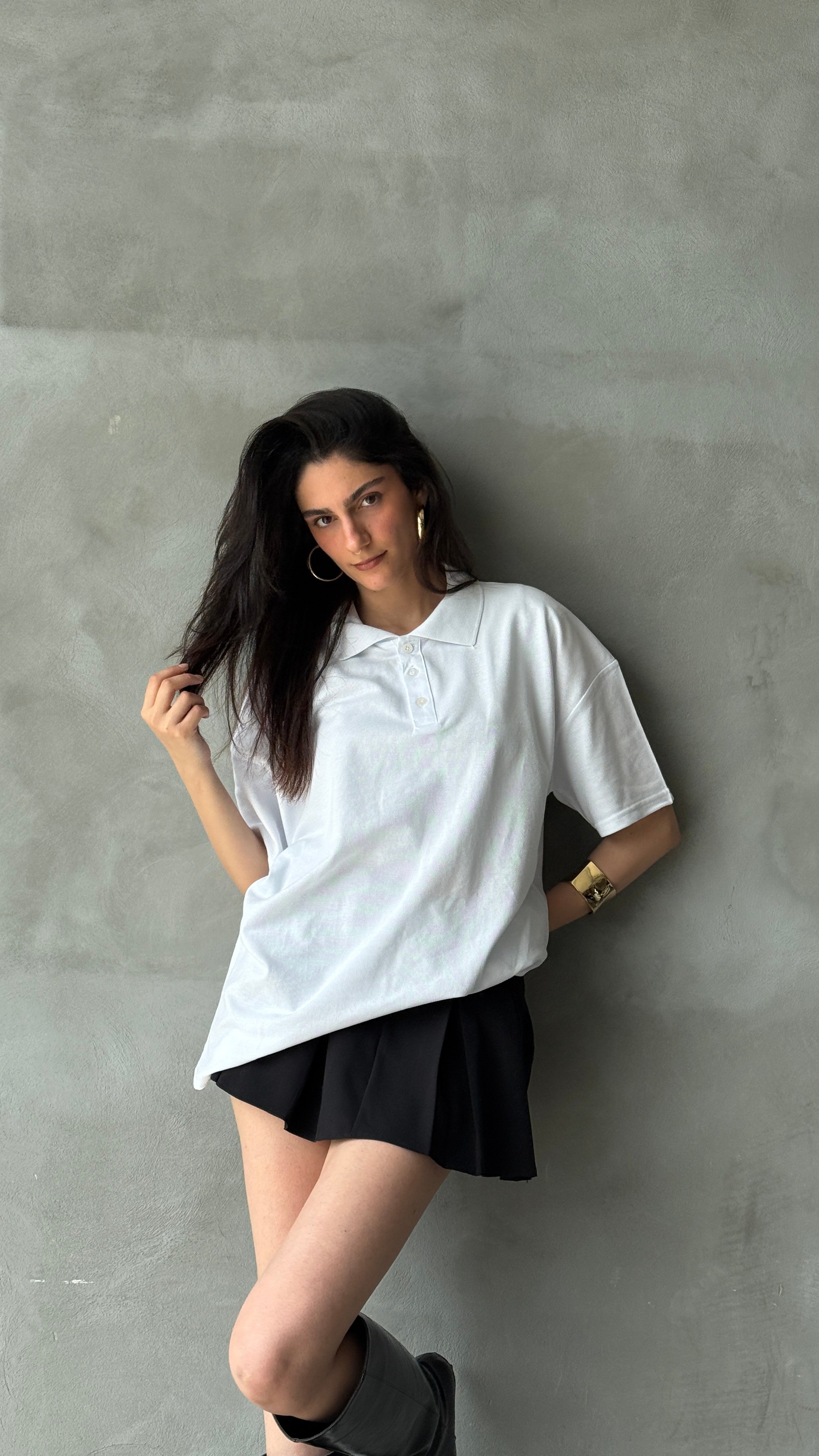 Beyaz Polo Yaka Oversize Comfort Fit Tişört 