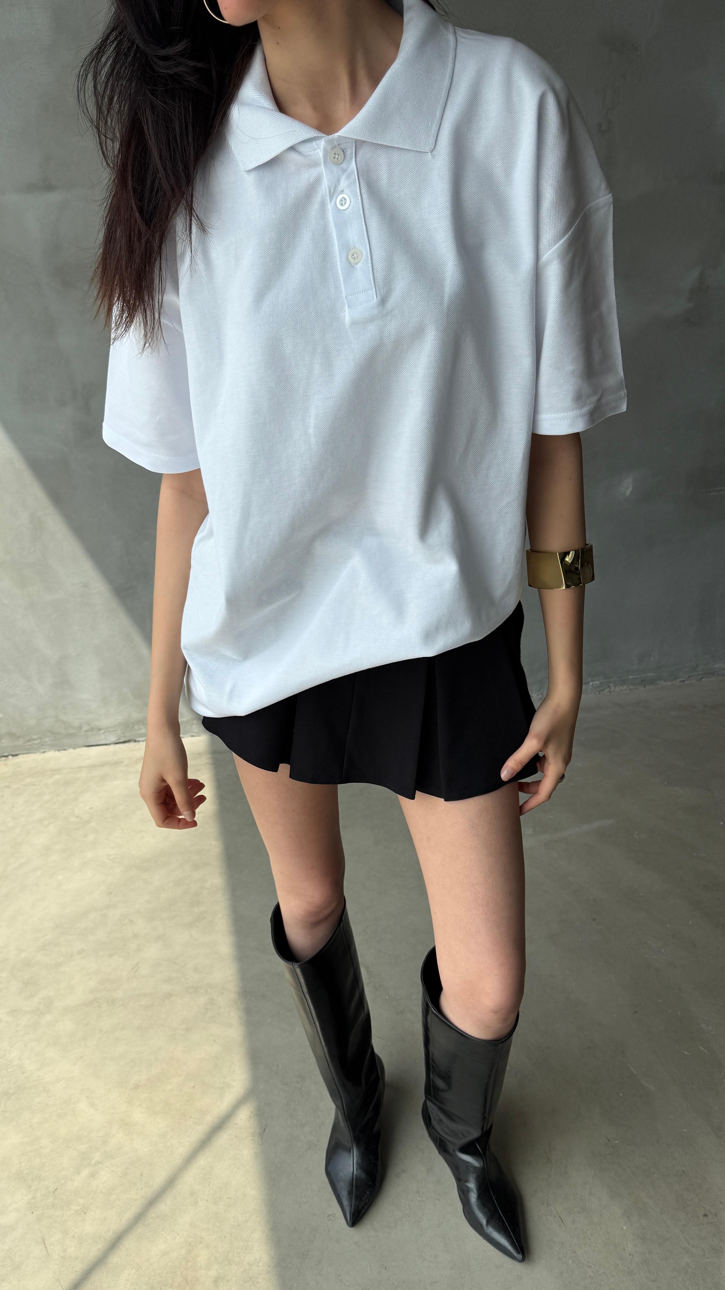 Beyaz Polo Yaka Oversize Comfort Fit Tişört 