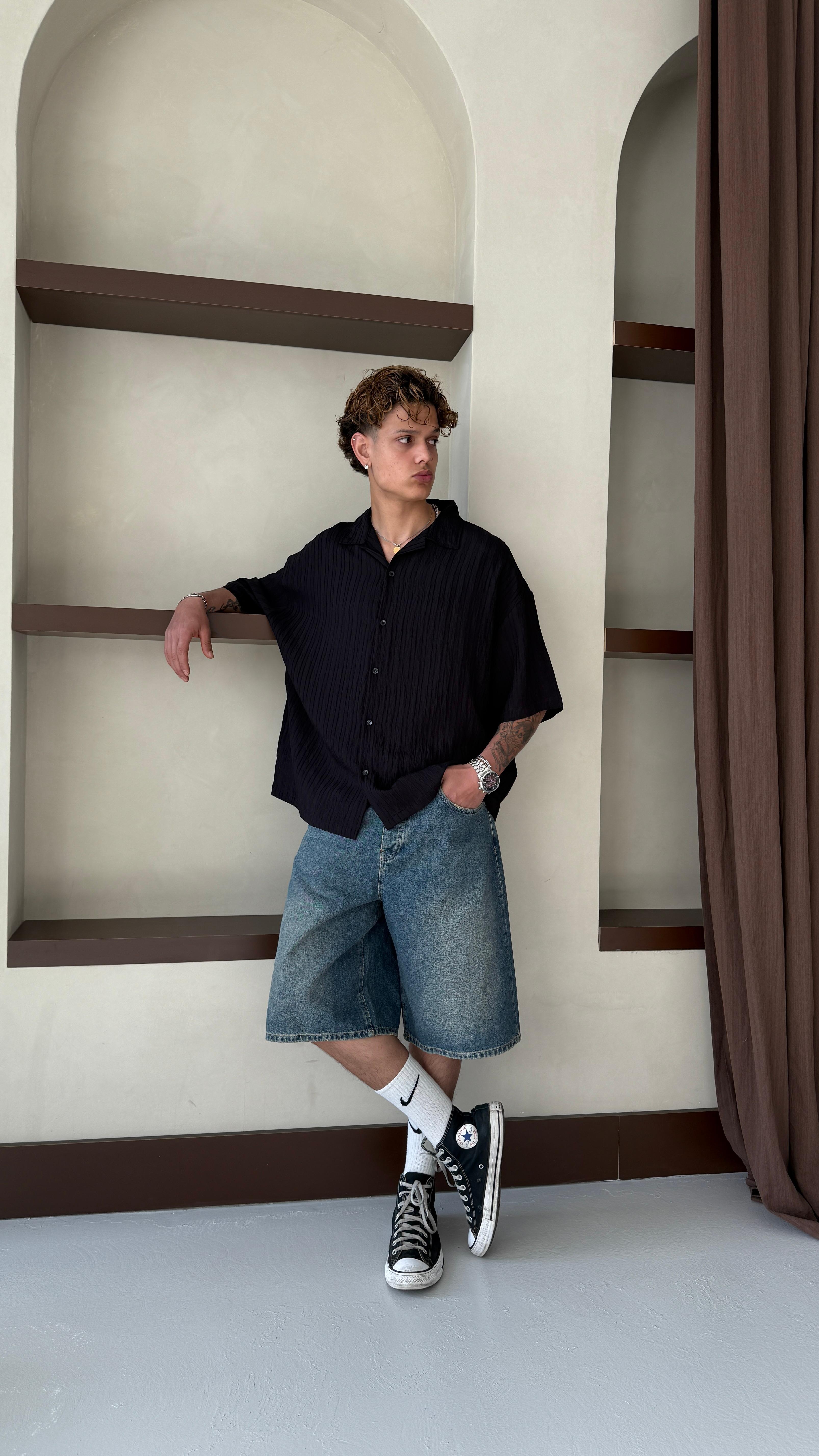 Siyah Basic Oversize Keten Gömlek 