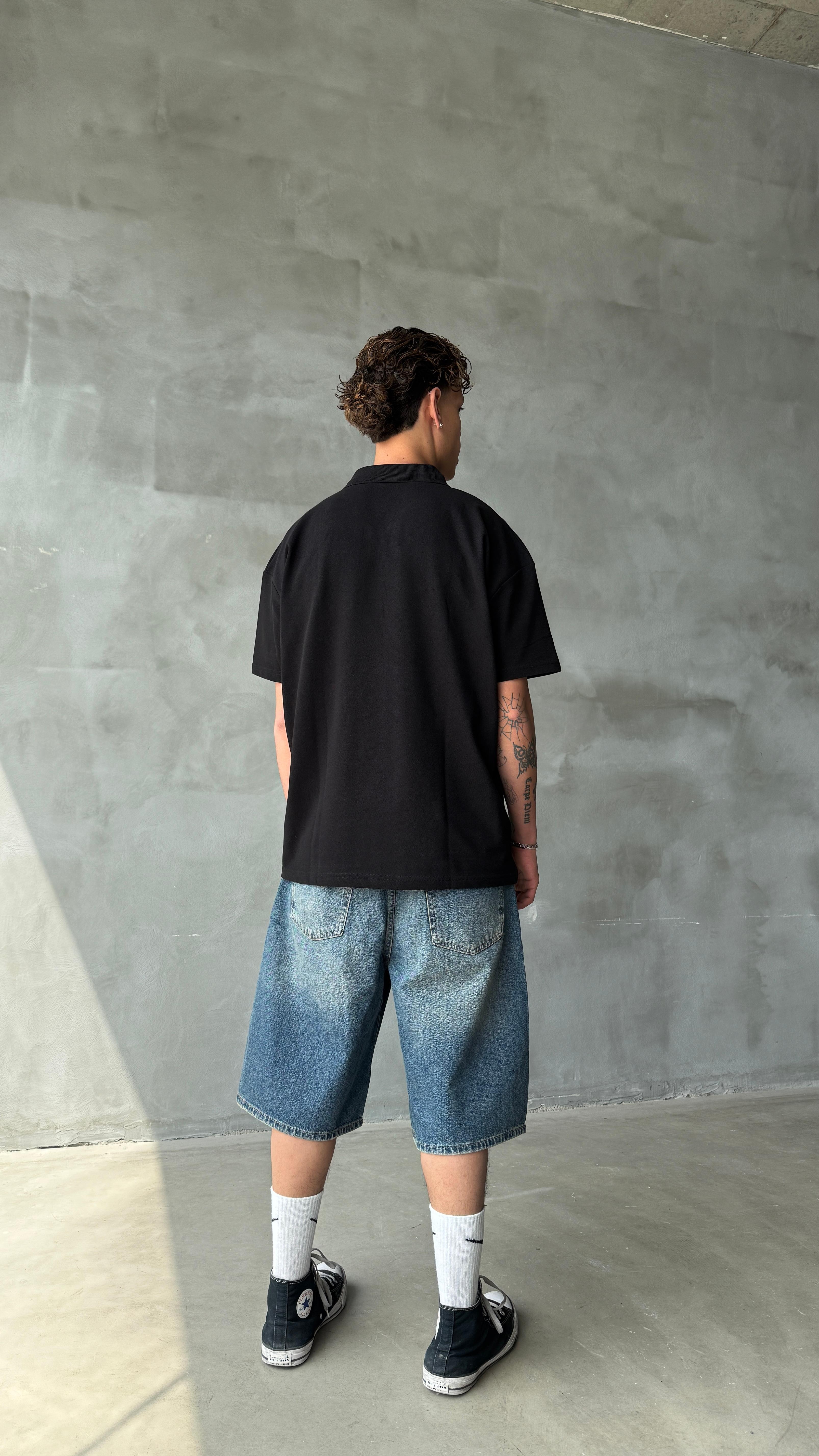 Siyah Polo Yaka Oversize Comfort Fit Tişört 