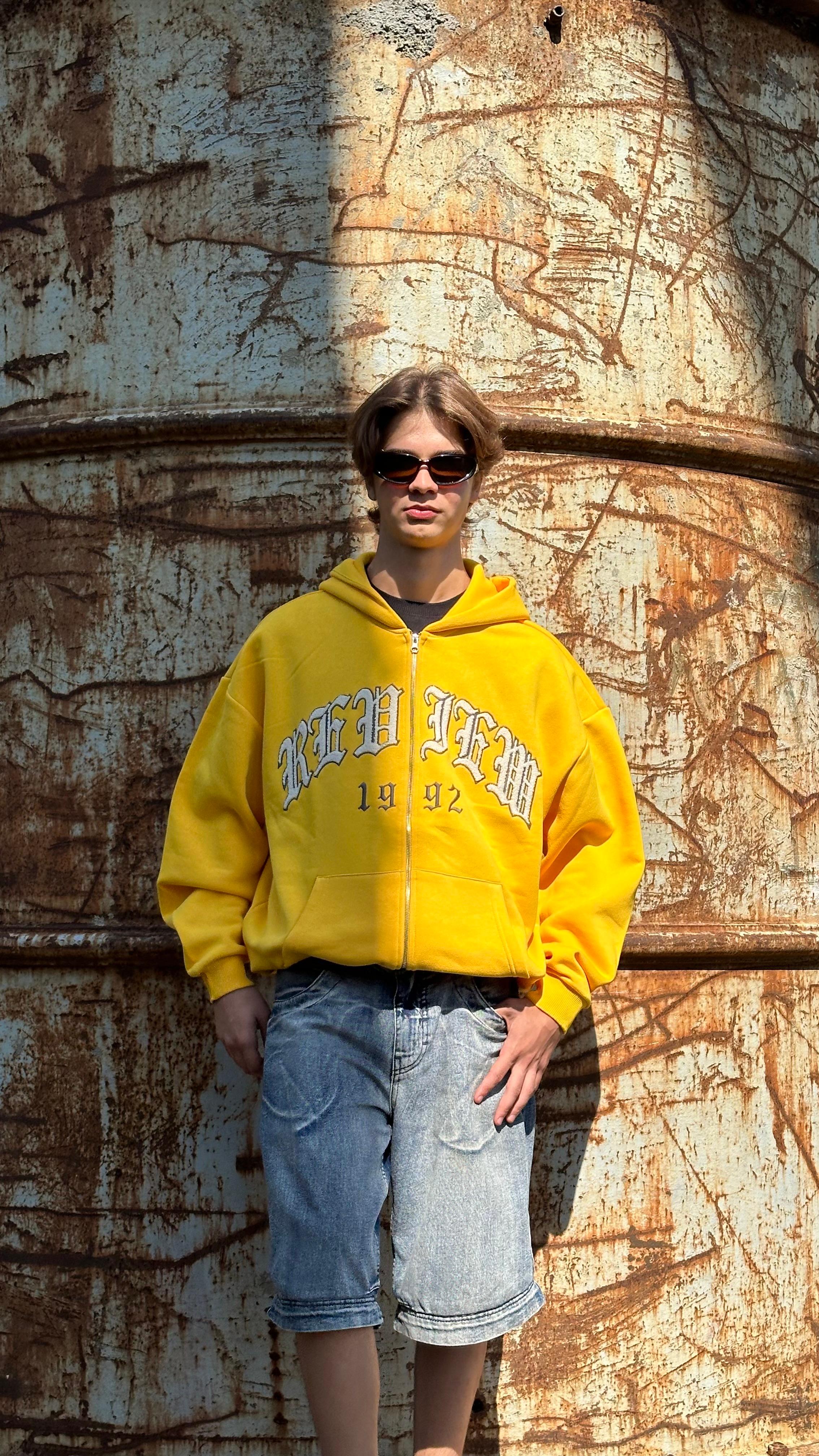 RW Yellow Nakış İşlemeli Oversize Zipper Hoodie 